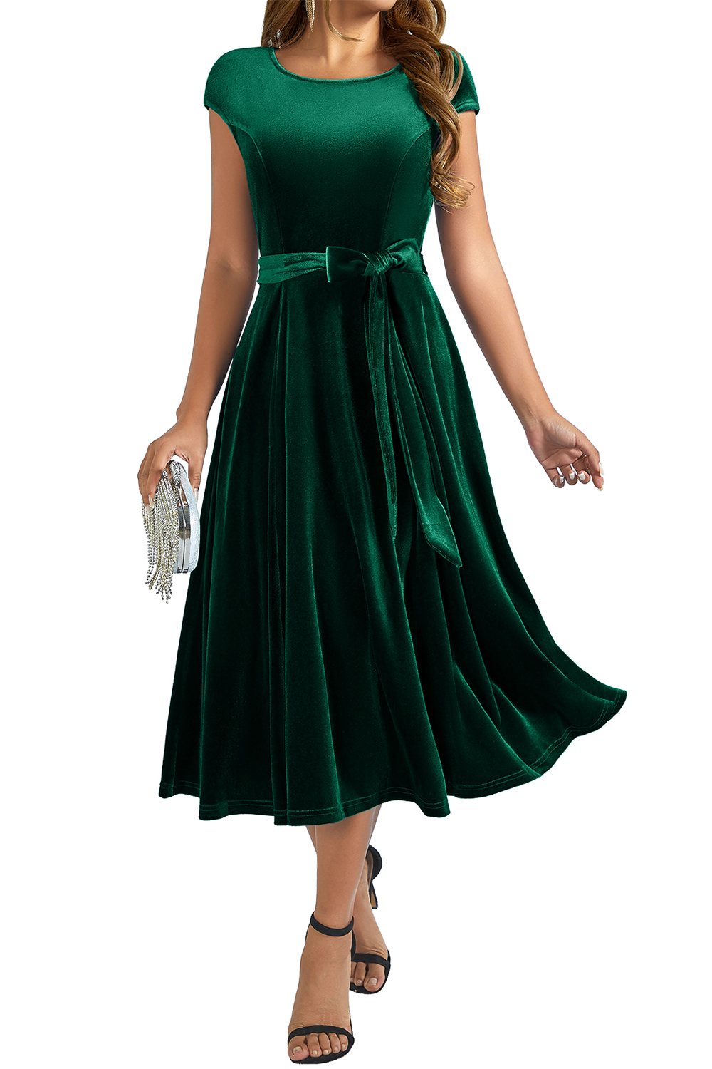 Elegant Round-Neck Short-Sleeve Bow-Tie Ruched Velvet Solid Color A-Line Midi Dress