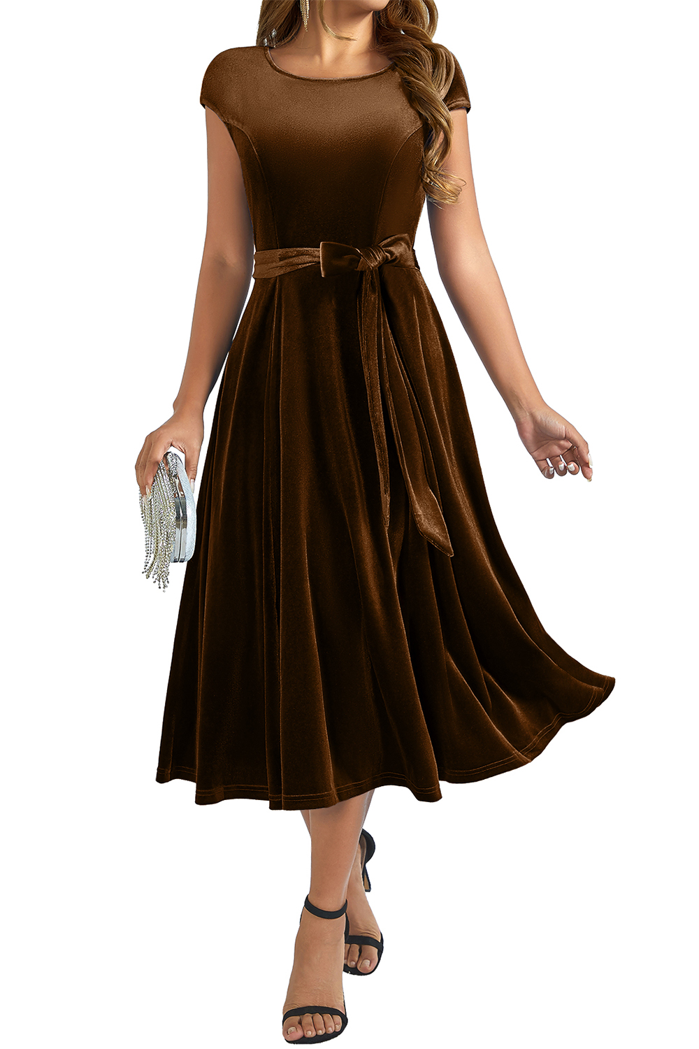 Elegant Round-Neck Short-Sleeve Bow-Tie Ruched Velvet Solid Color A-Line Midi Dress