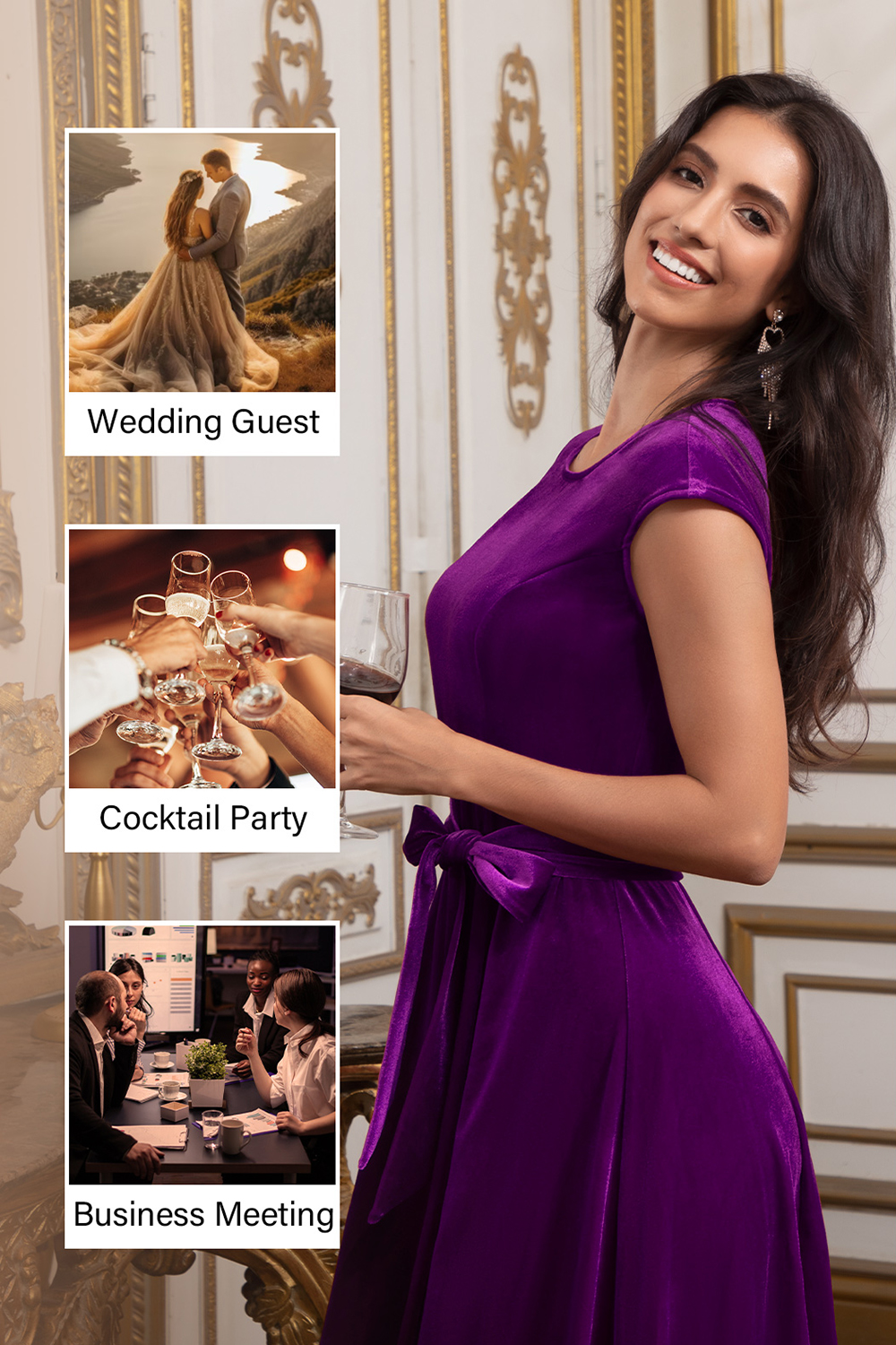 Elegant Round-Neck Short-Sleeve Bow-Tie Ruched Velvet Solid Color A-Line Midi Dress