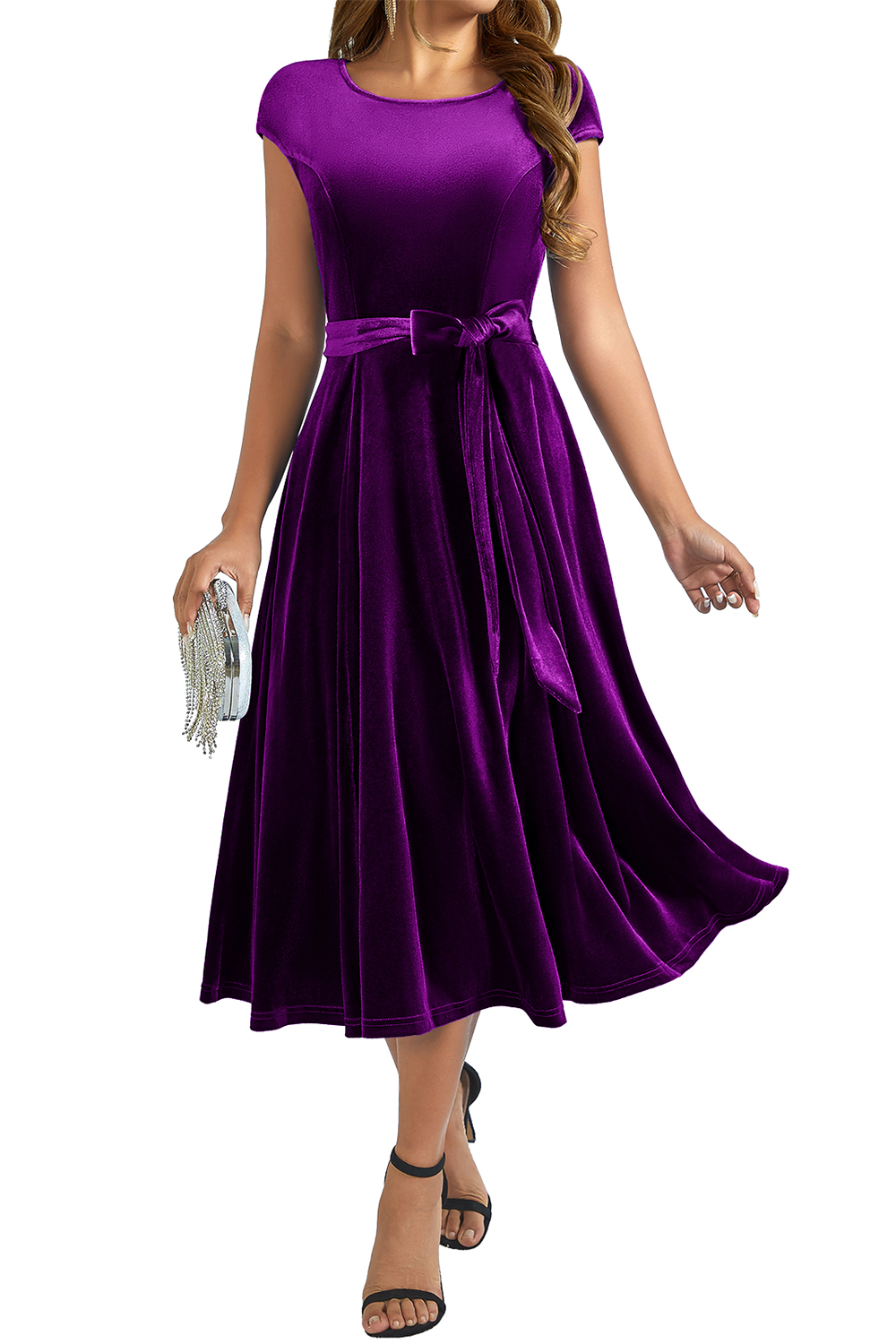 Elegant Round-Neck Short-Sleeve Bow-Tie Ruched Velvet Solid Color A-Line Midi Dress