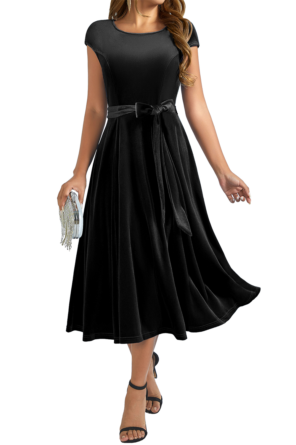 Elegant Round-Neck Short-Sleeve Bow-Tie Ruched Velvet Solid Color A-Line Midi Dress