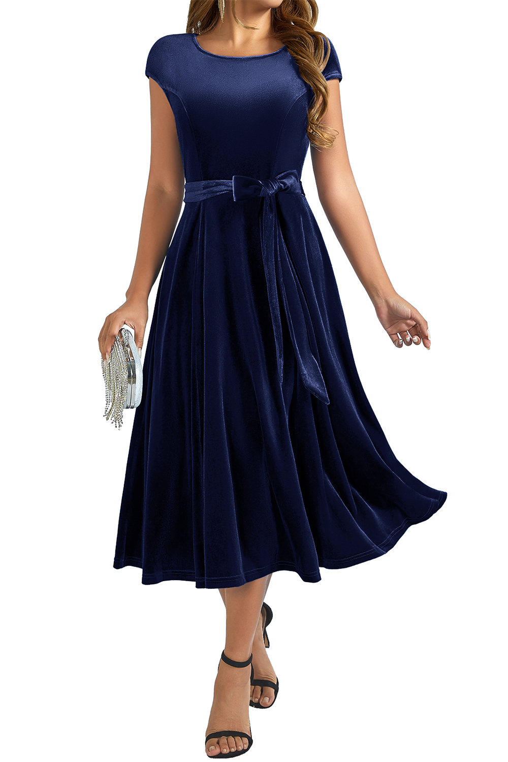 Elegant Round-Neck Short-Sleeve Bow-Tie Ruched Velvet Solid Color A-Line Midi Dress