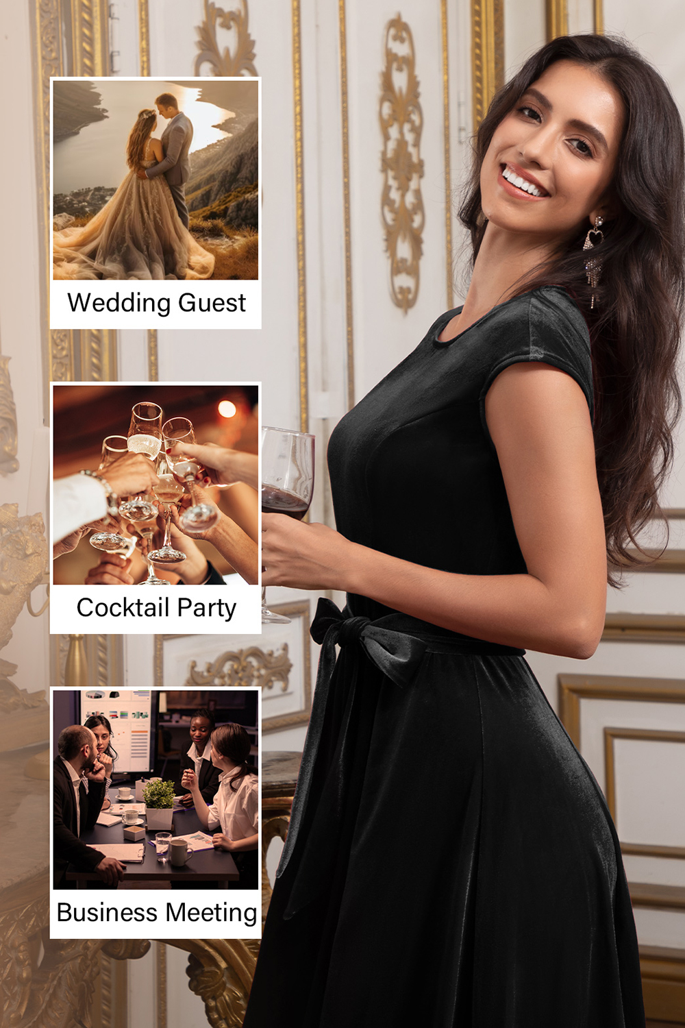 Elegant Round-Neck Short-Sleeve Bow-Tie Ruched Velvet Solid Color A-Line Midi Dress