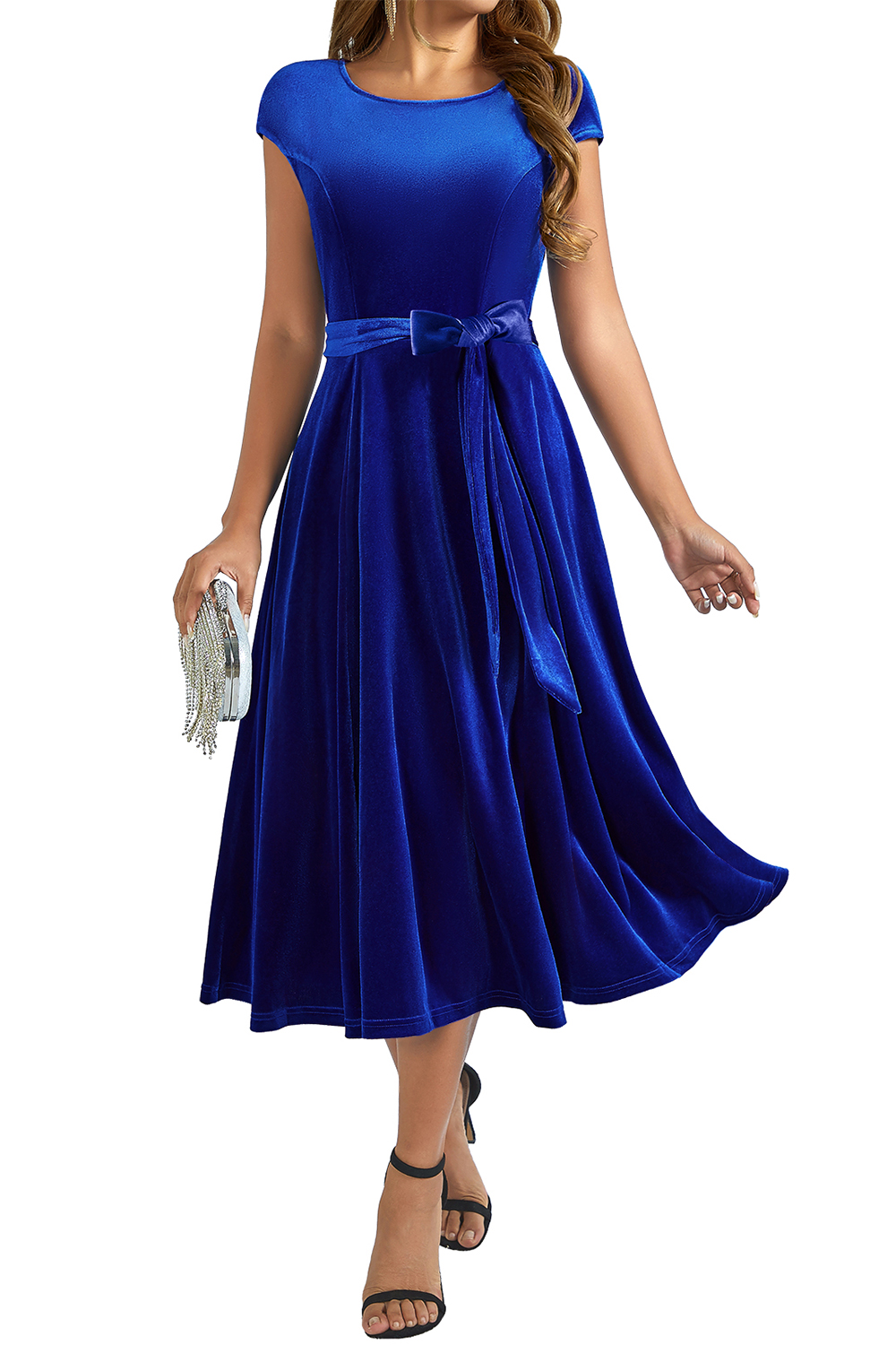 Elegant Round-Neck Short-Sleeve Bow-Tie Ruched Velvet Solid Color A-Line Midi Dress
