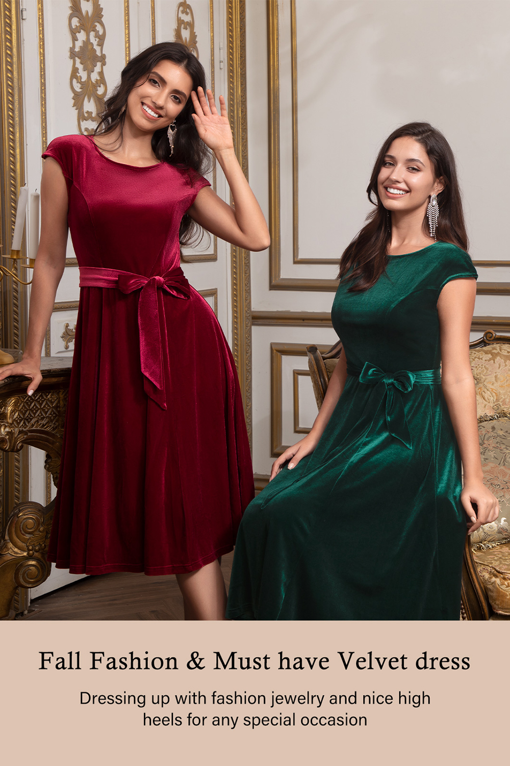 Elegant Round-Neck Short-Sleeve Bow-Tie Ruched Velvet Solid Color A-Line Midi Dress