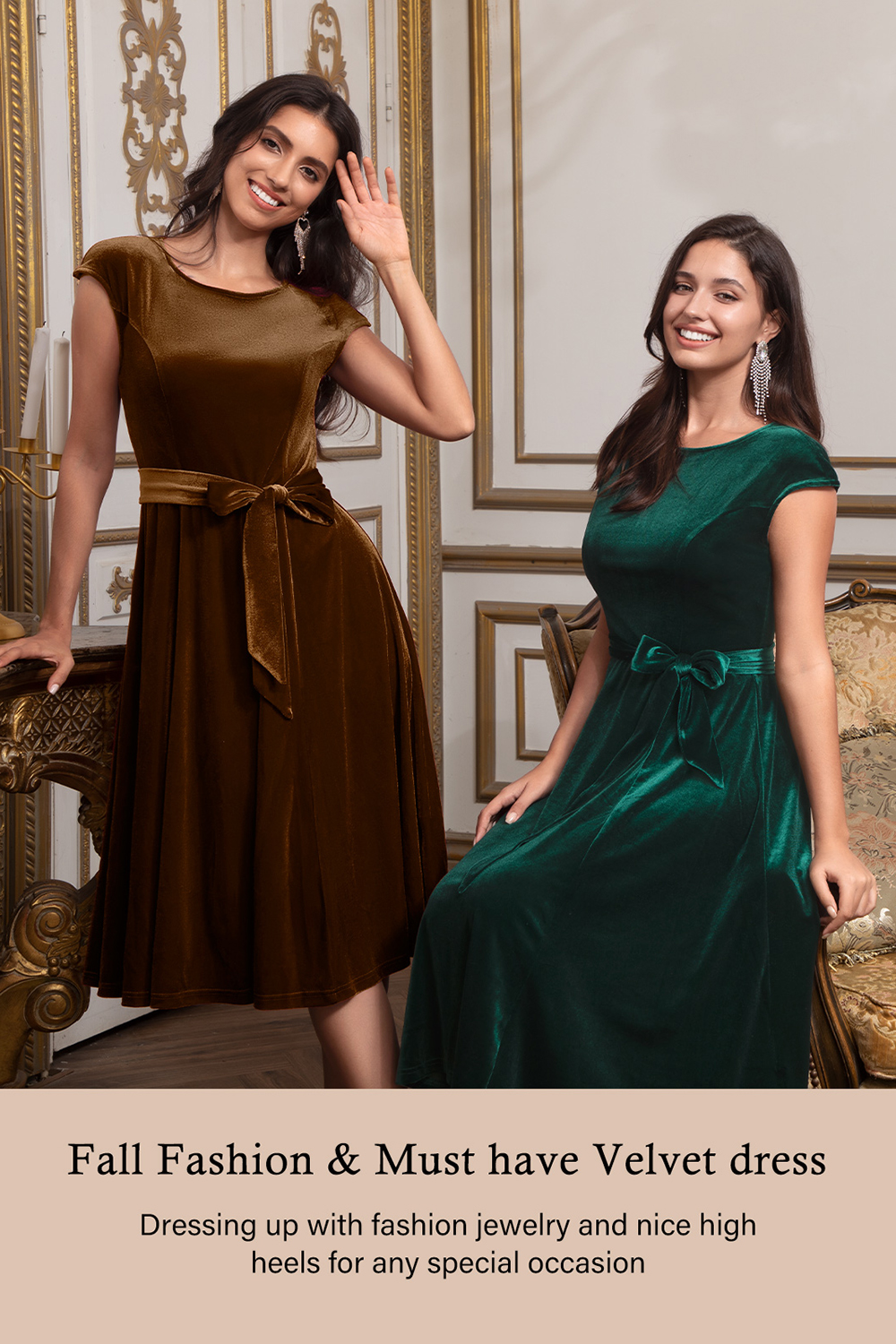 Elegant Round-Neck Short-Sleeve Bow-Tie Ruched Velvet Solid Color A-Line Midi Dress