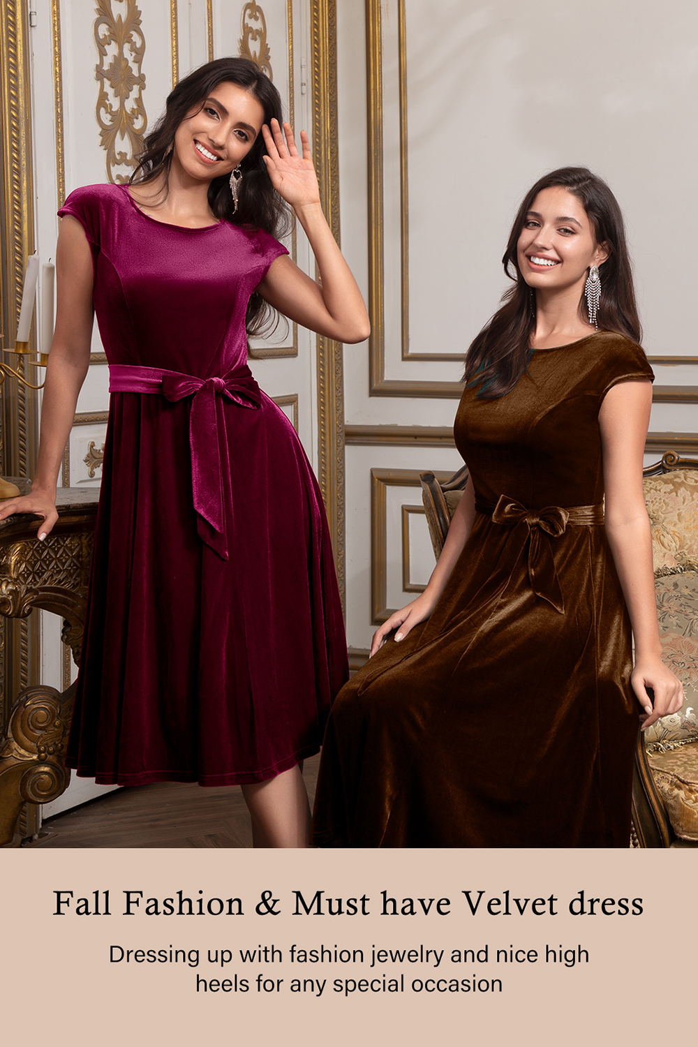 Elegant Round-Neck Short-Sleeve Bow-Tie Ruched Velvet Solid Color A-Line Midi Dress