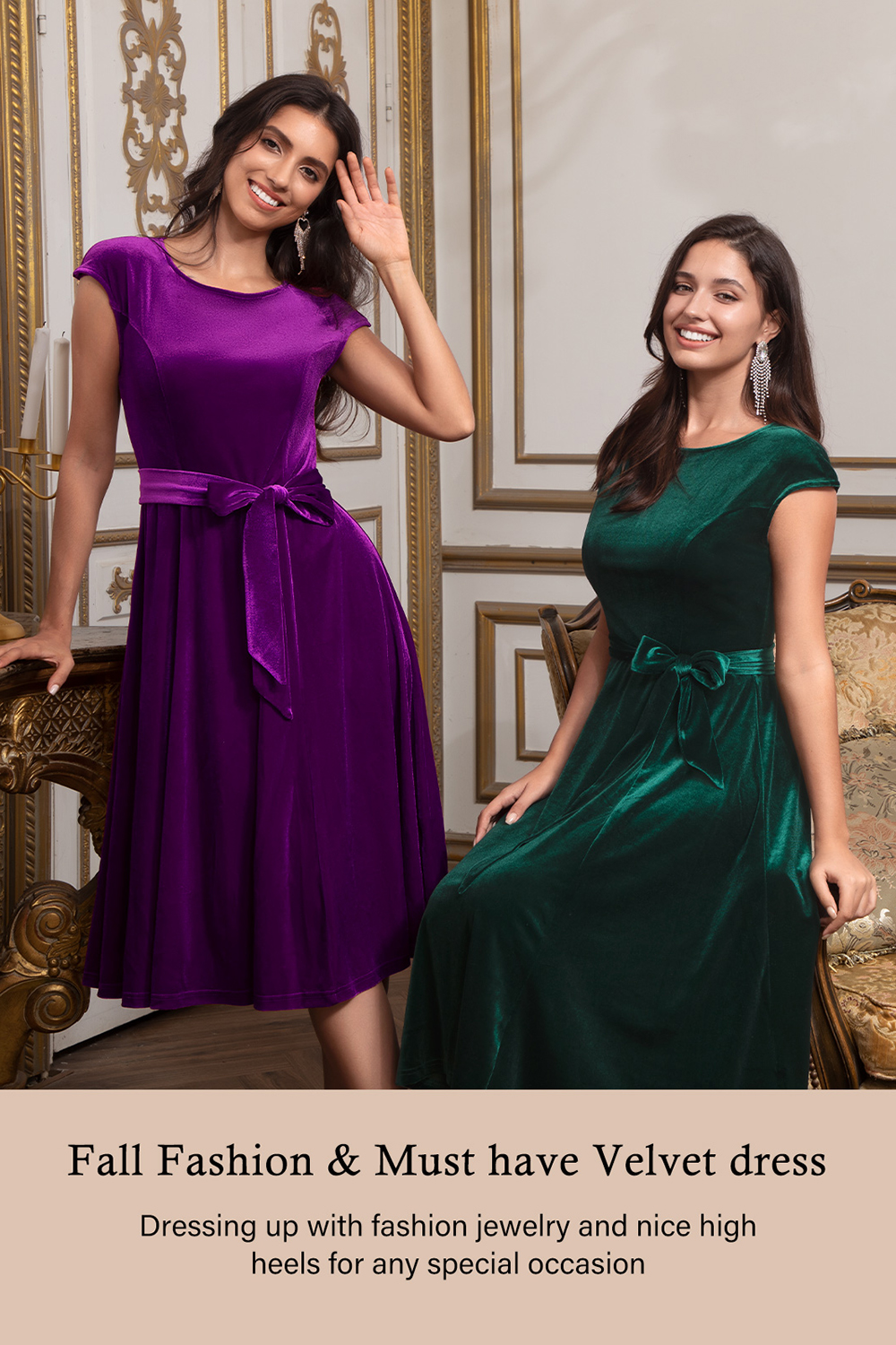 Elegant Round-Neck Short-Sleeve Bow-Tie Ruched Velvet Solid Color A-Line Midi Dress