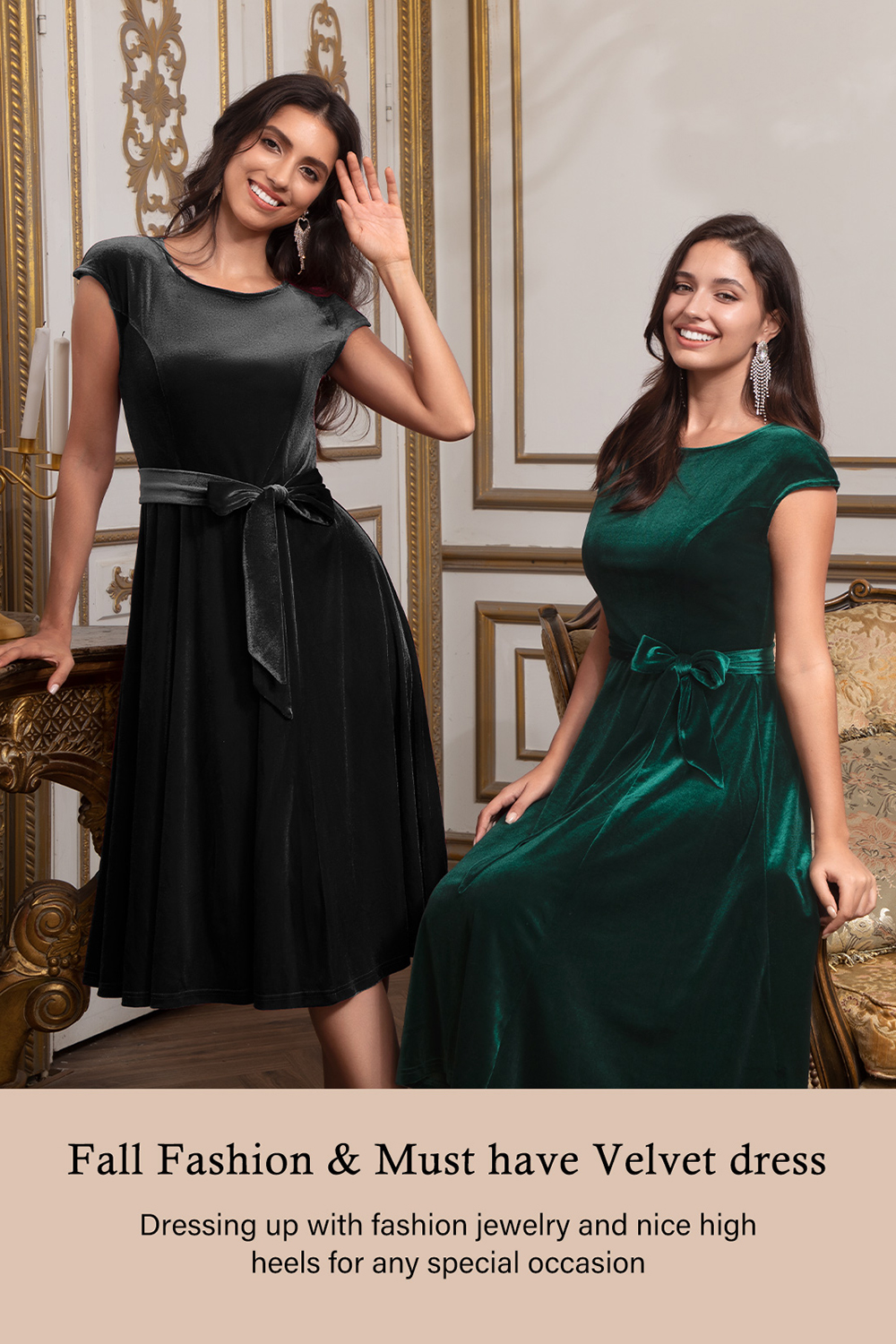 Elegant Round-Neck Short-Sleeve Bow-Tie Ruched Velvet Solid Color A-Line Midi Dress