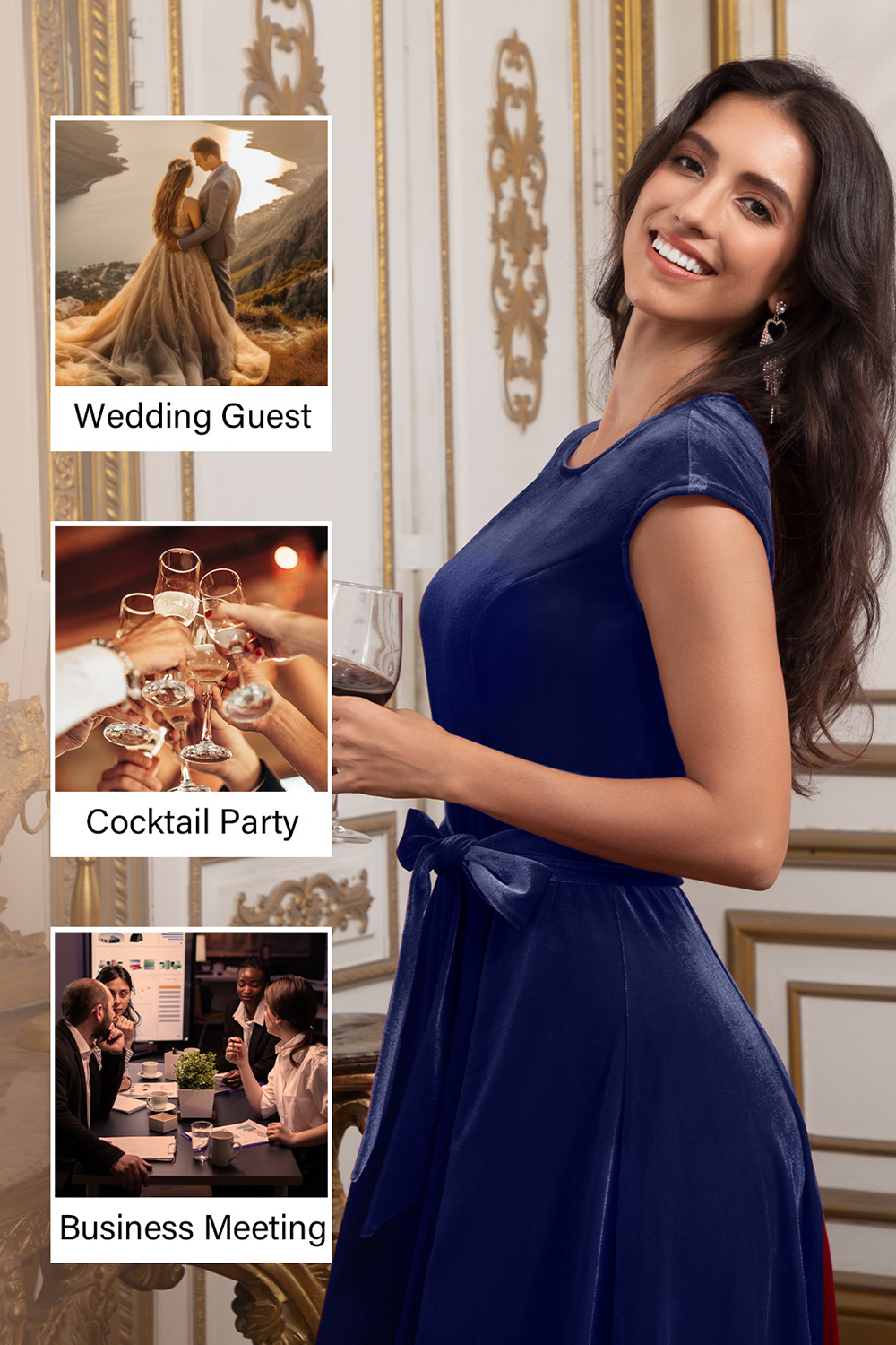 Elegant Round-Neck Short-Sleeve Bow-Tie Ruched Velvet Solid Color A-Line Midi Dress