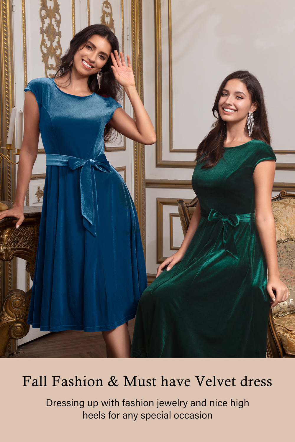Elegant Round-Neck Short-Sleeve Bow-Tie Ruched Velvet Solid Color A-Line Midi Dress