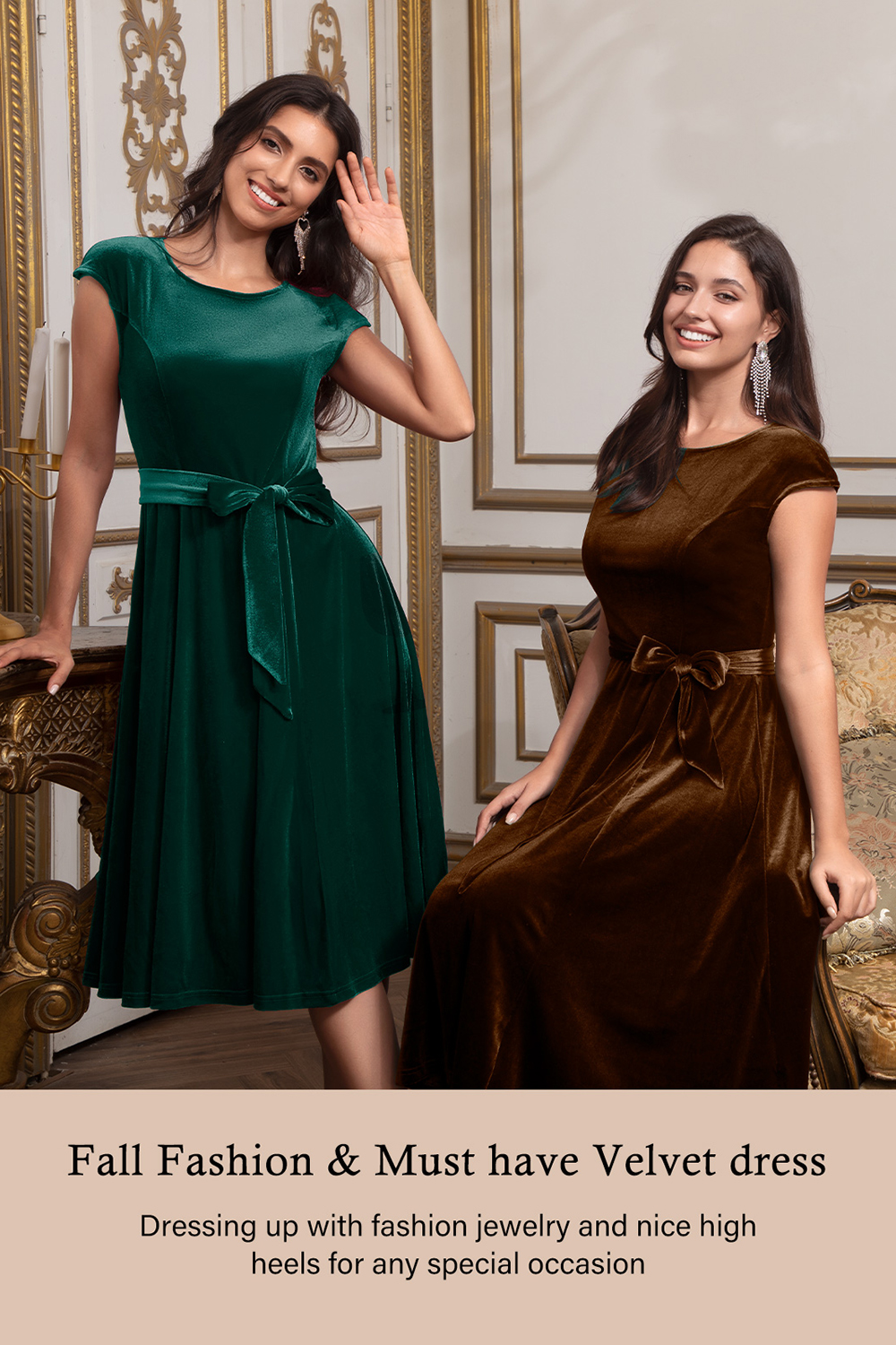 Elegant Round-Neck Short-Sleeve Bow-Tie Ruched Velvet Solid Color A-Line Midi Dress