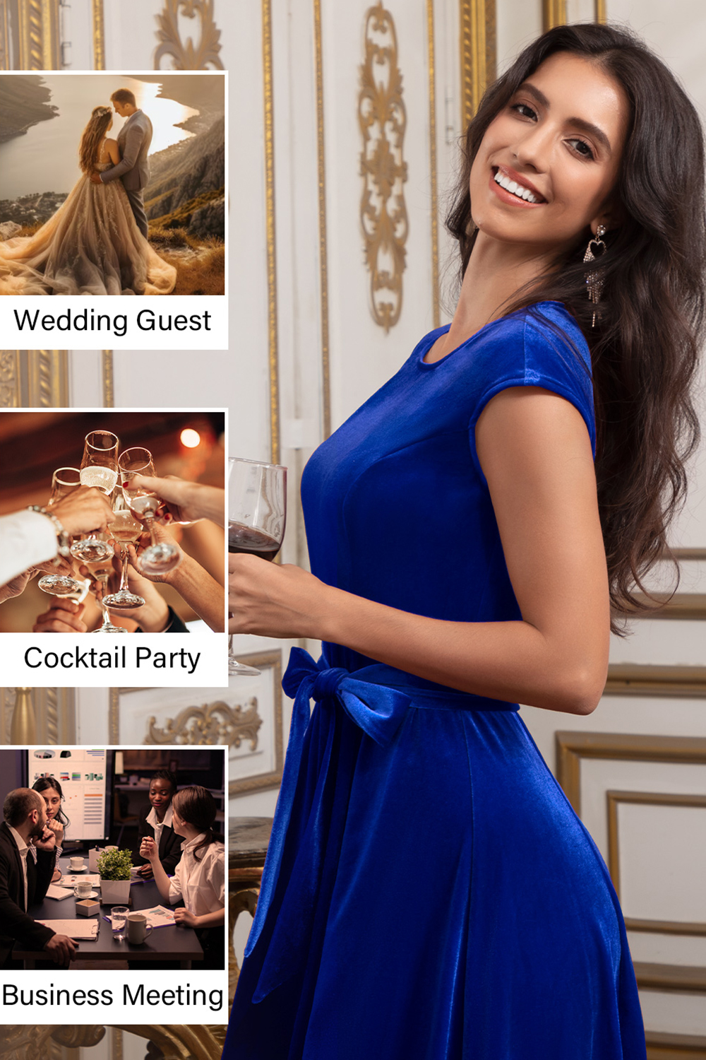 Elegant Round-Neck Short-Sleeve Bow-Tie Ruched Velvet Solid Color A-Line Midi Dress