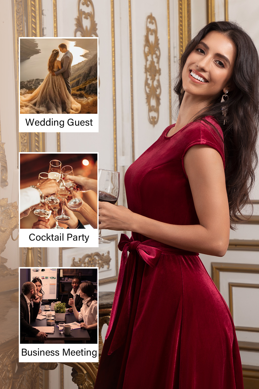 Elegant Round-Neck Short-Sleeve Bow-Tie Ruched Velvet Solid Color A-Line Midi Dress