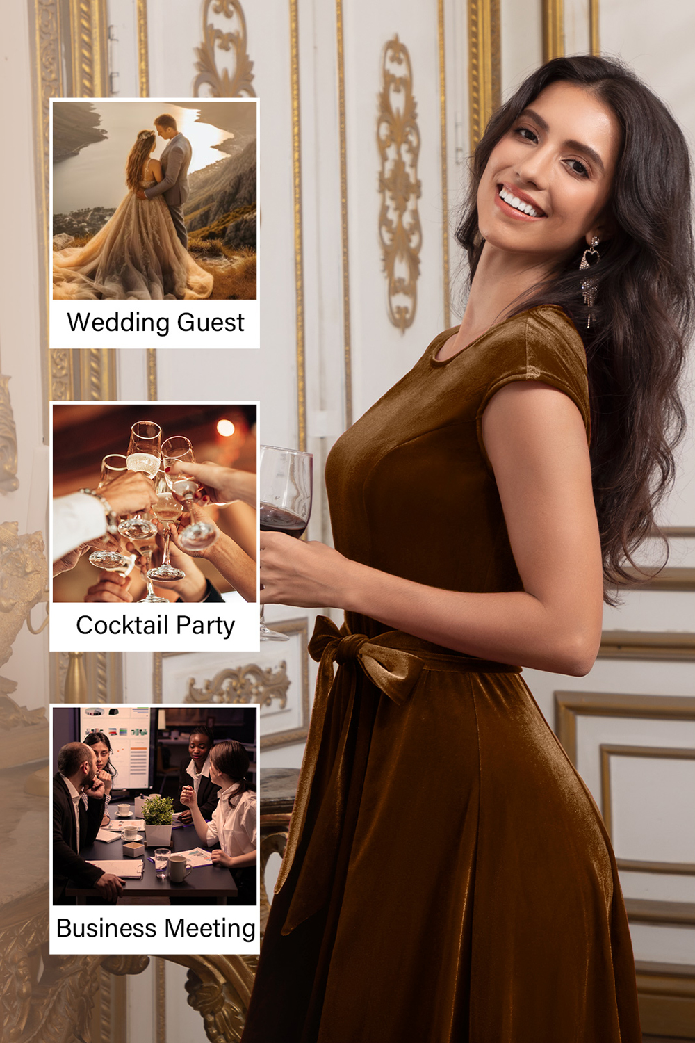 Elegant Round-Neck Short-Sleeve Bow-Tie Ruched Velvet Solid Color A-Line Midi Dress