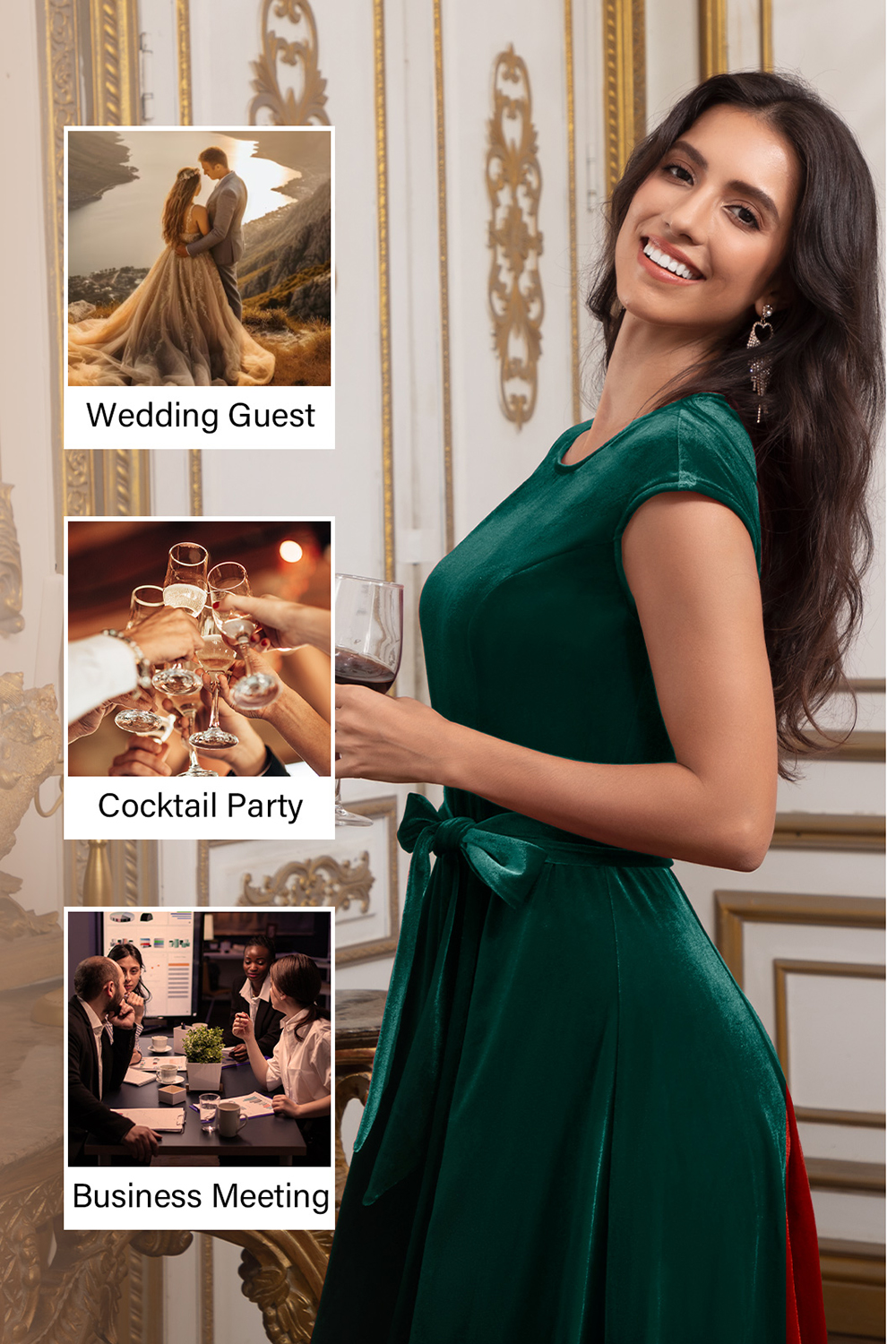 Elegant Round-Neck Short-Sleeve Bow-Tie Ruched Velvet Solid Color A-Line Midi Dress