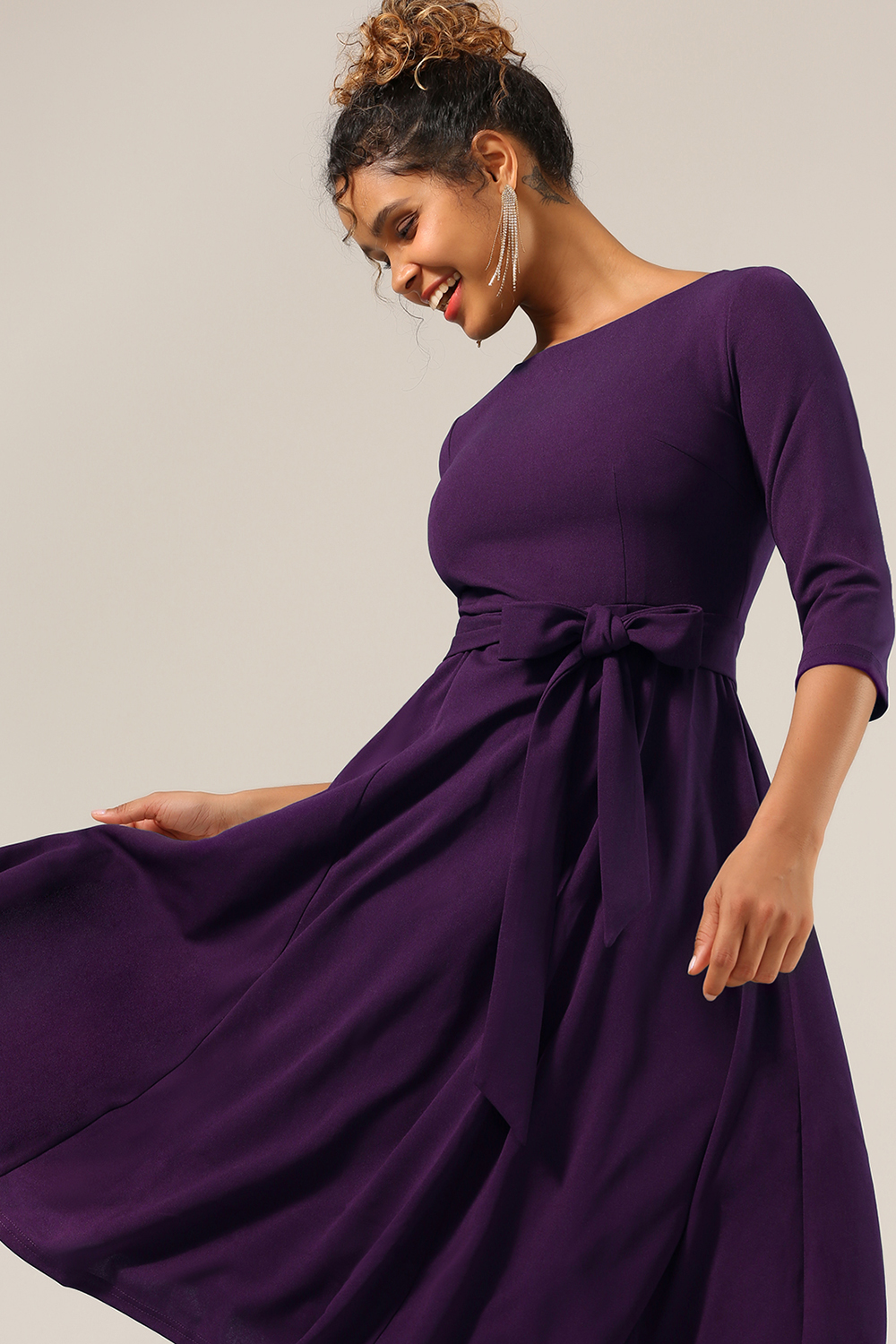 Elegant 3/4 Sleeve A-Line Grape Vintage Cocktail Dress