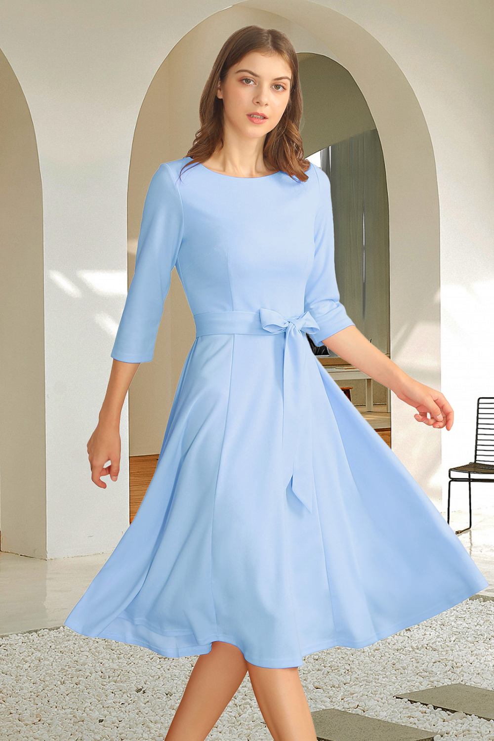 Elegant 3/4 Sleeve A-Line Sky Blue Vintage Cocktail Dress