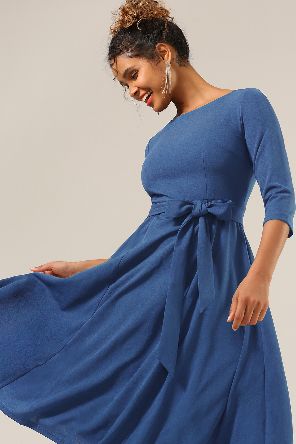 Elegant 3/4 Sleeve A-Line Grey Blue Vintage Cocktail Dress