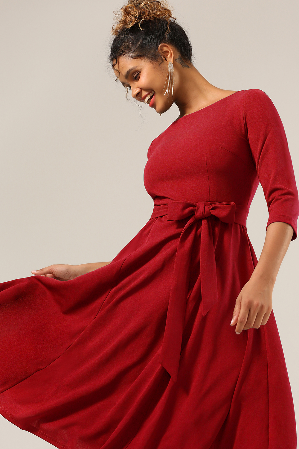 Elegant 3/4 Sleeve A-Line Red Vintage Cocktail Dress