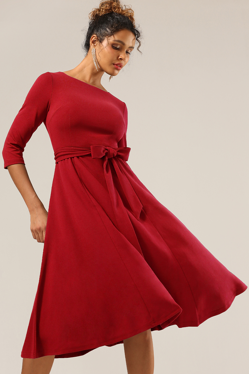 Elegant 3/4 Sleeve A-Line Red Vintage Cocktail Dress