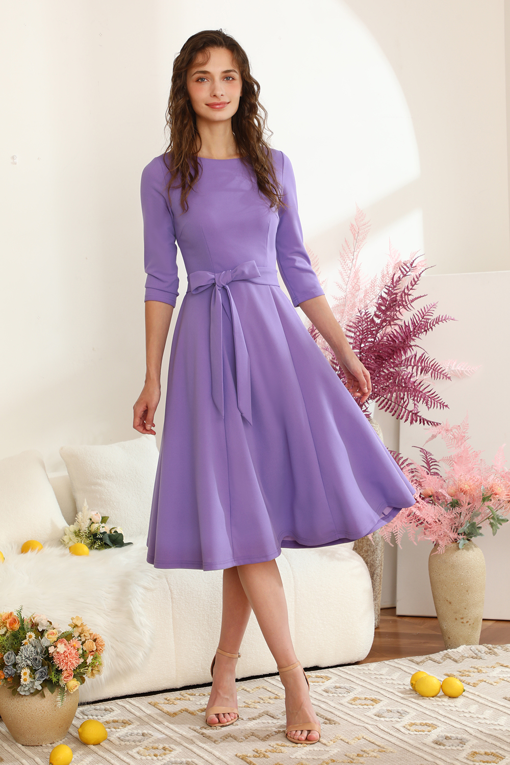 Elegant 3/4 Sleeve A-Line Lavender Vintage Cocktail Dress