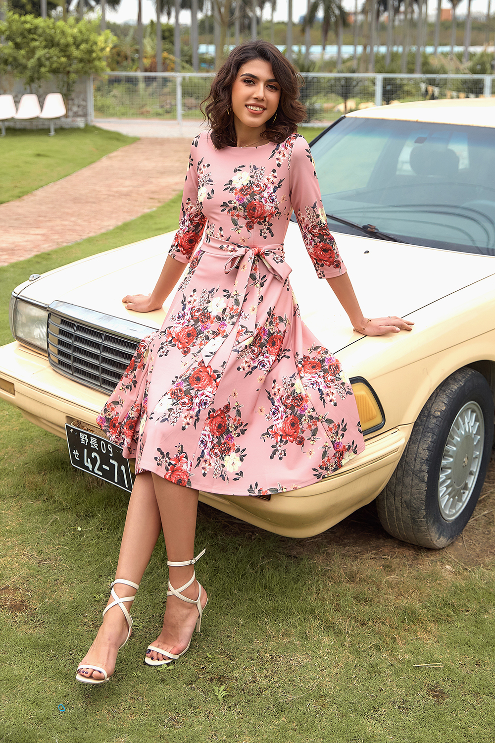 Elegant 3/4 Sleeve A-Line Blush Flora Vintage Cocktail Dress