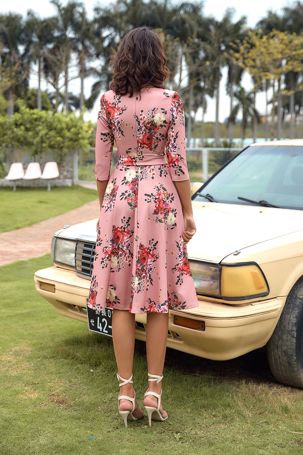 Elegant 3/4 Sleeve A-Line Blush Flora Vintage Cocktail Dress