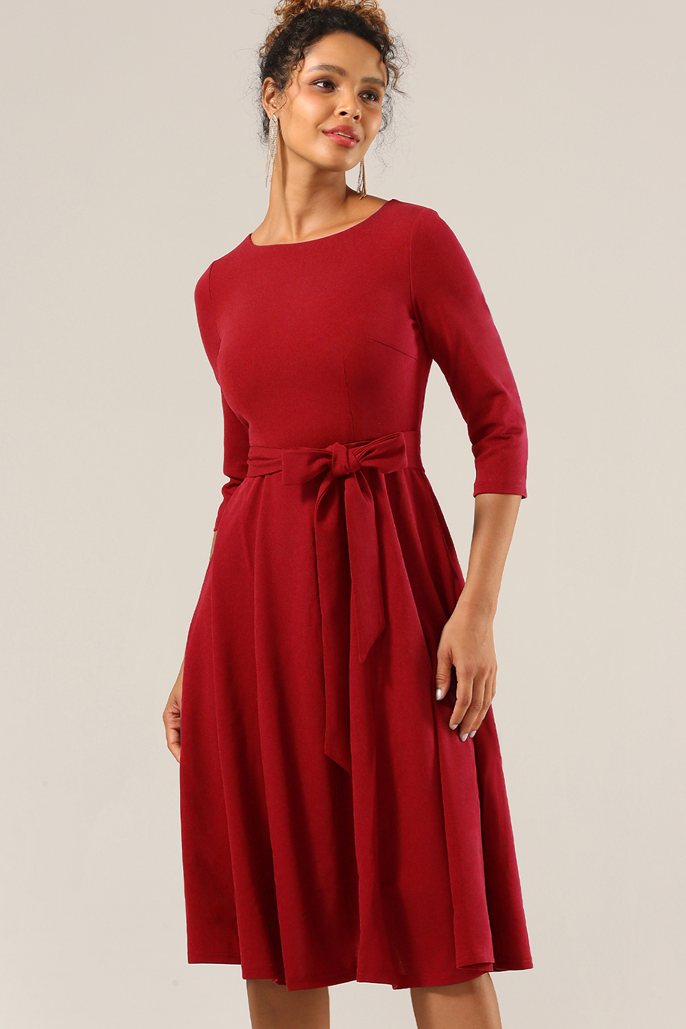 Elegant 3/4 Sleeve A-Line Red Vintage Cocktail Dress
