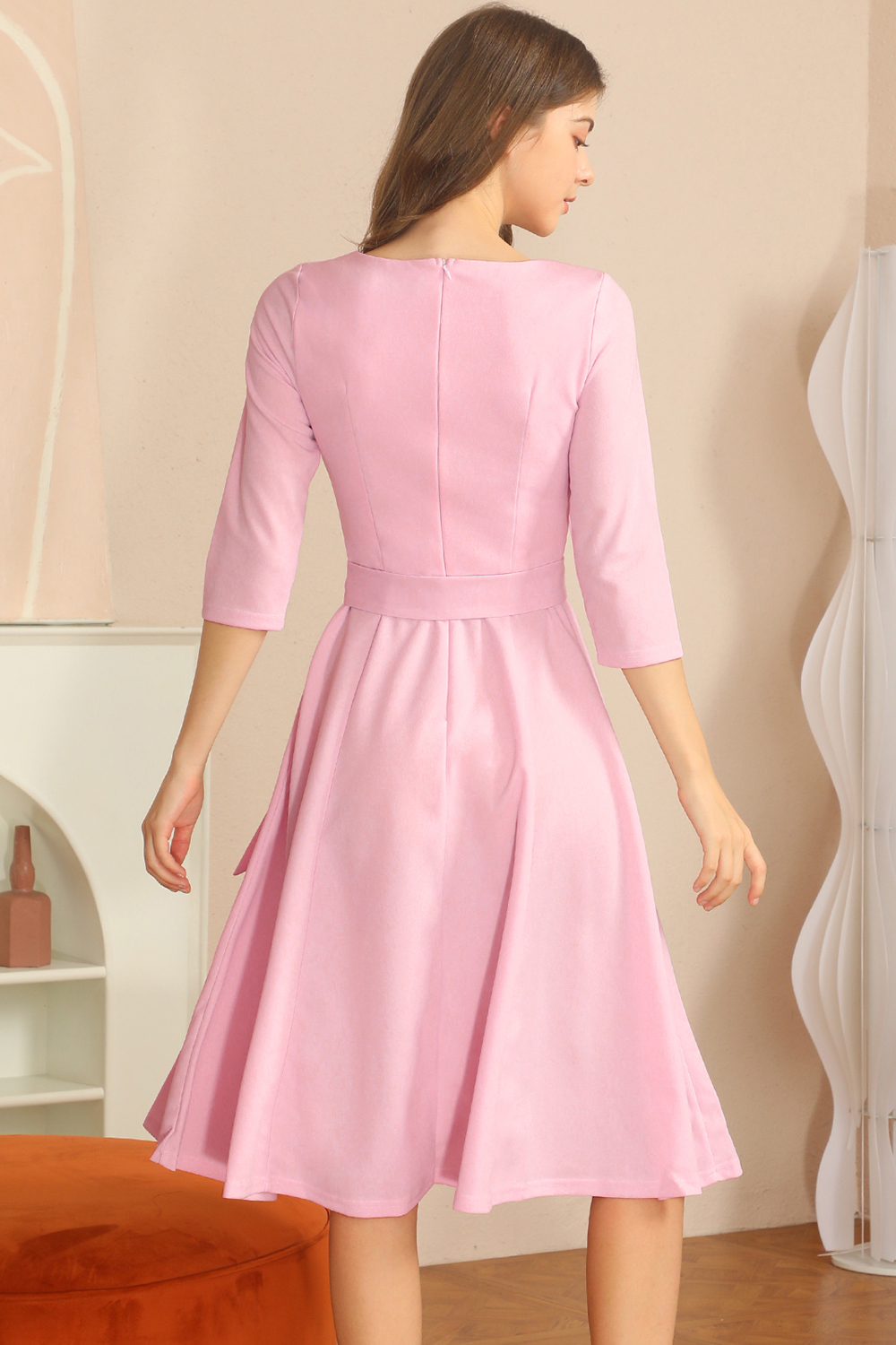 Elegant 3/4 Sleeve A-Line Pink Vintage Cocktail Dress