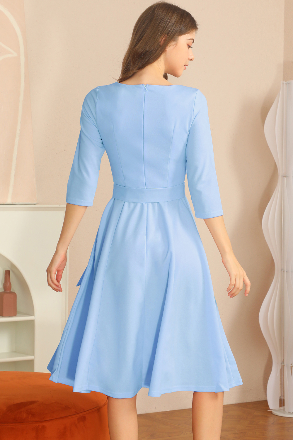 Elegant 3/4 Sleeve A-Line Sky Blue Vintage Cocktail Dress