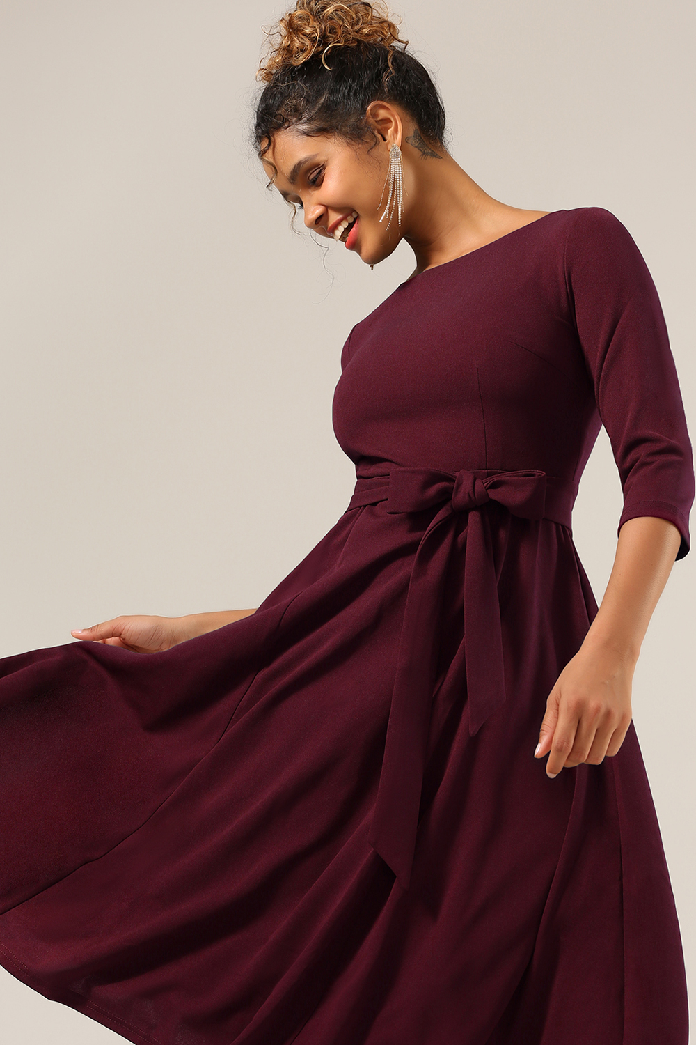 Elegant 3/4 Sleeve A-Line Burgundy Vintage Cocktail Dress