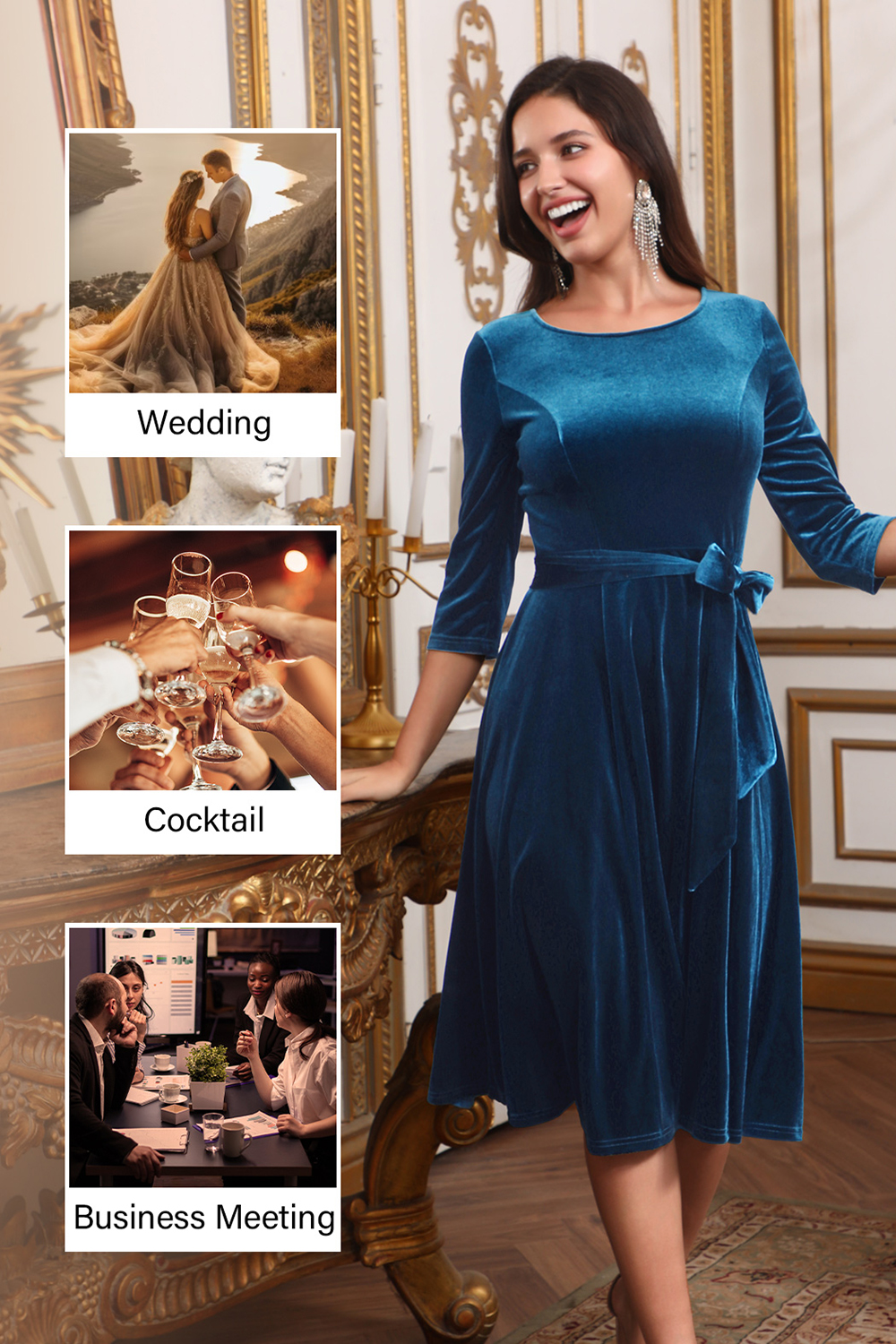 Elegant Round-Neck Velvet Bow-Tie Ruched 3/4 Sleeve Midi Dress