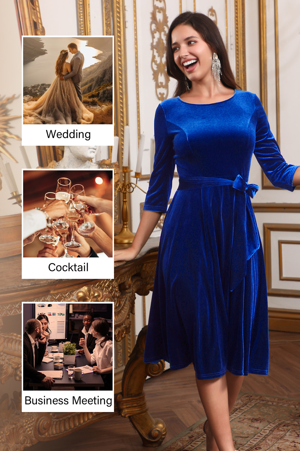 Elegant Round-Neck Velvet Bow-Tie Ruched 3/4 Sleeve Midi Dress