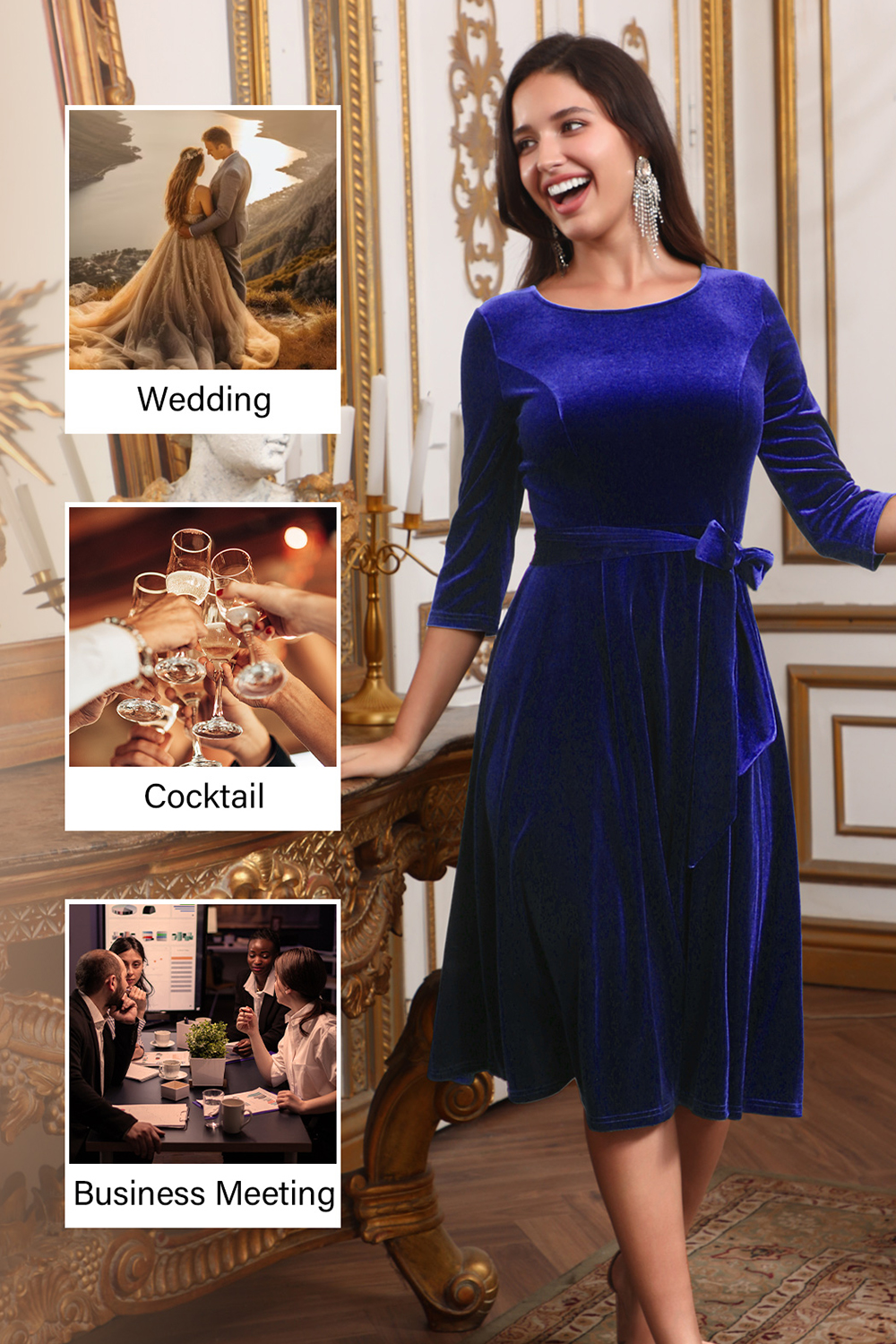 Elegant Round-Neck Velvet Bow-Tie Ruched 3/4 Sleeve Midi Dress