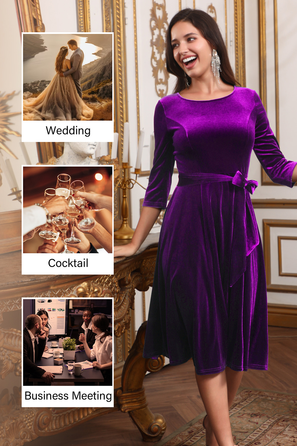 Elegant Round-Neck Velvet Bow-Tie Ruched 3/4 Sleeve Midi Dress
