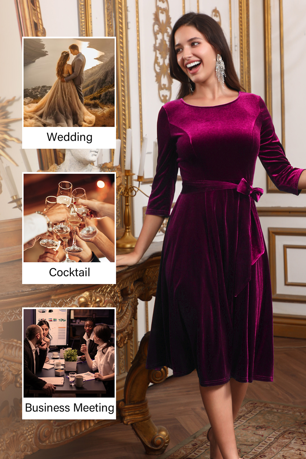 Elegant Round-Neck Velvet Bow-Tie Ruched 3/4 Sleeve Midi Dress