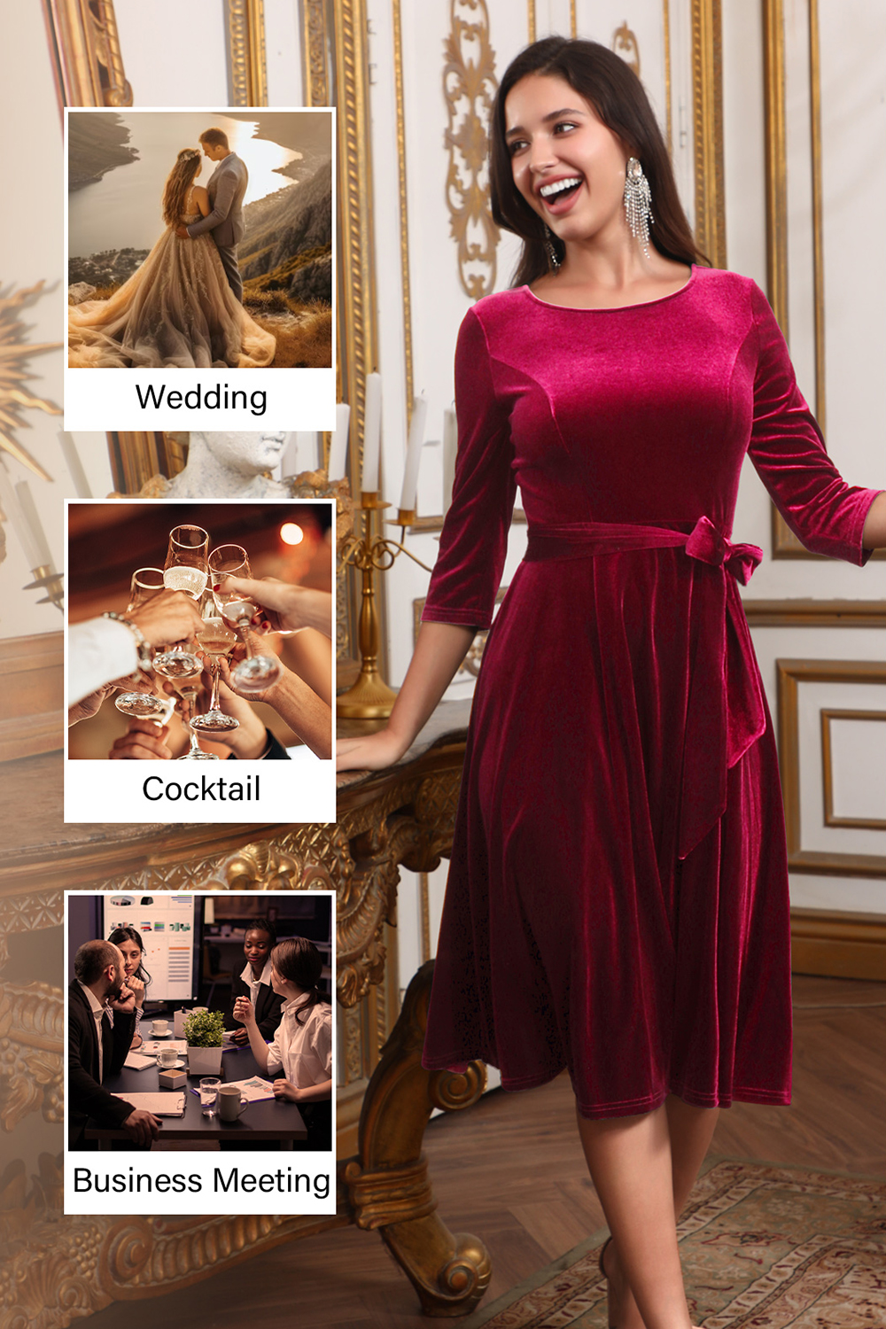 Elegant Round-Neck Velvet Bow-Tie Ruched 3/4 Sleeve Midi Dress