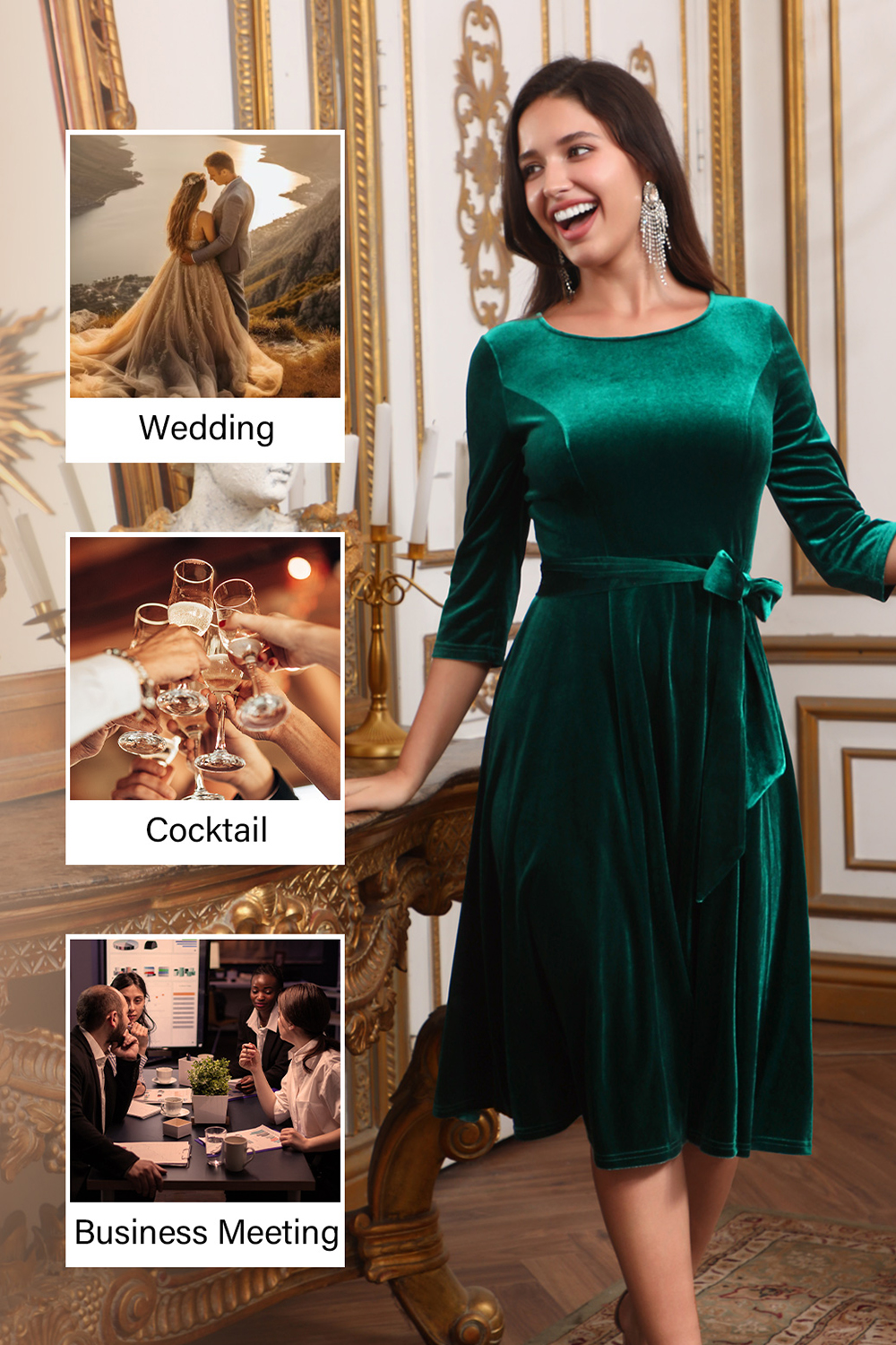 Elegant Round-Neck Velvet Bow-Tie Ruched 3/4 Sleeve Midi Dress