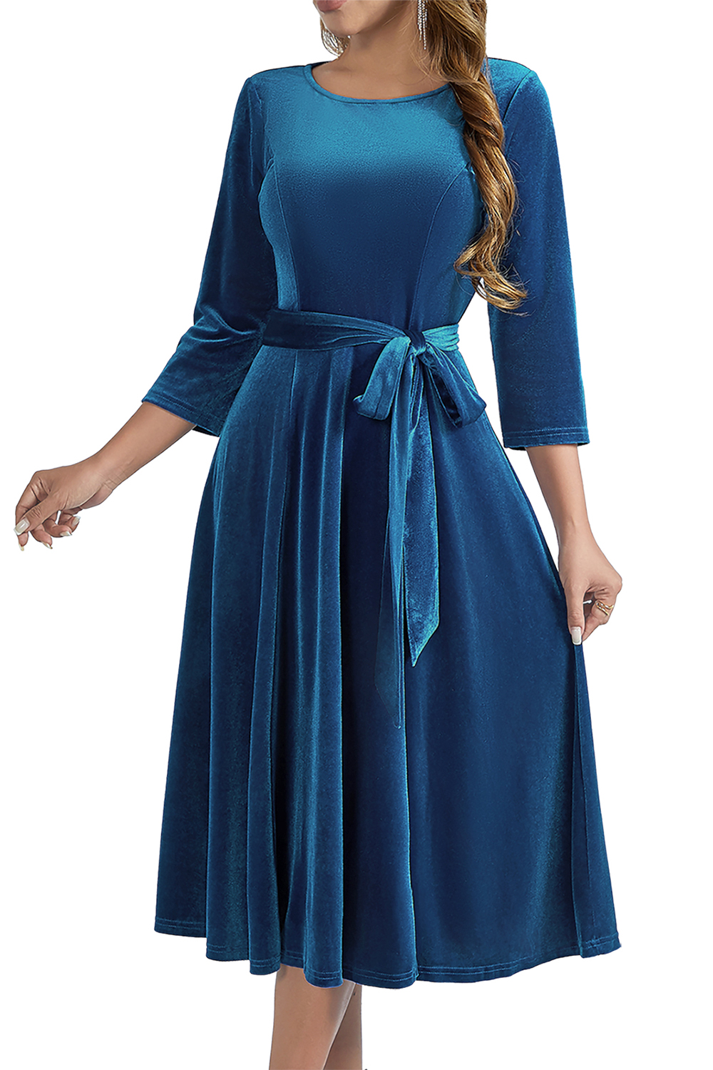 Elegant Round-Neck Velvet Bow-Tie Ruched 3/4 Sleeve Midi Dress