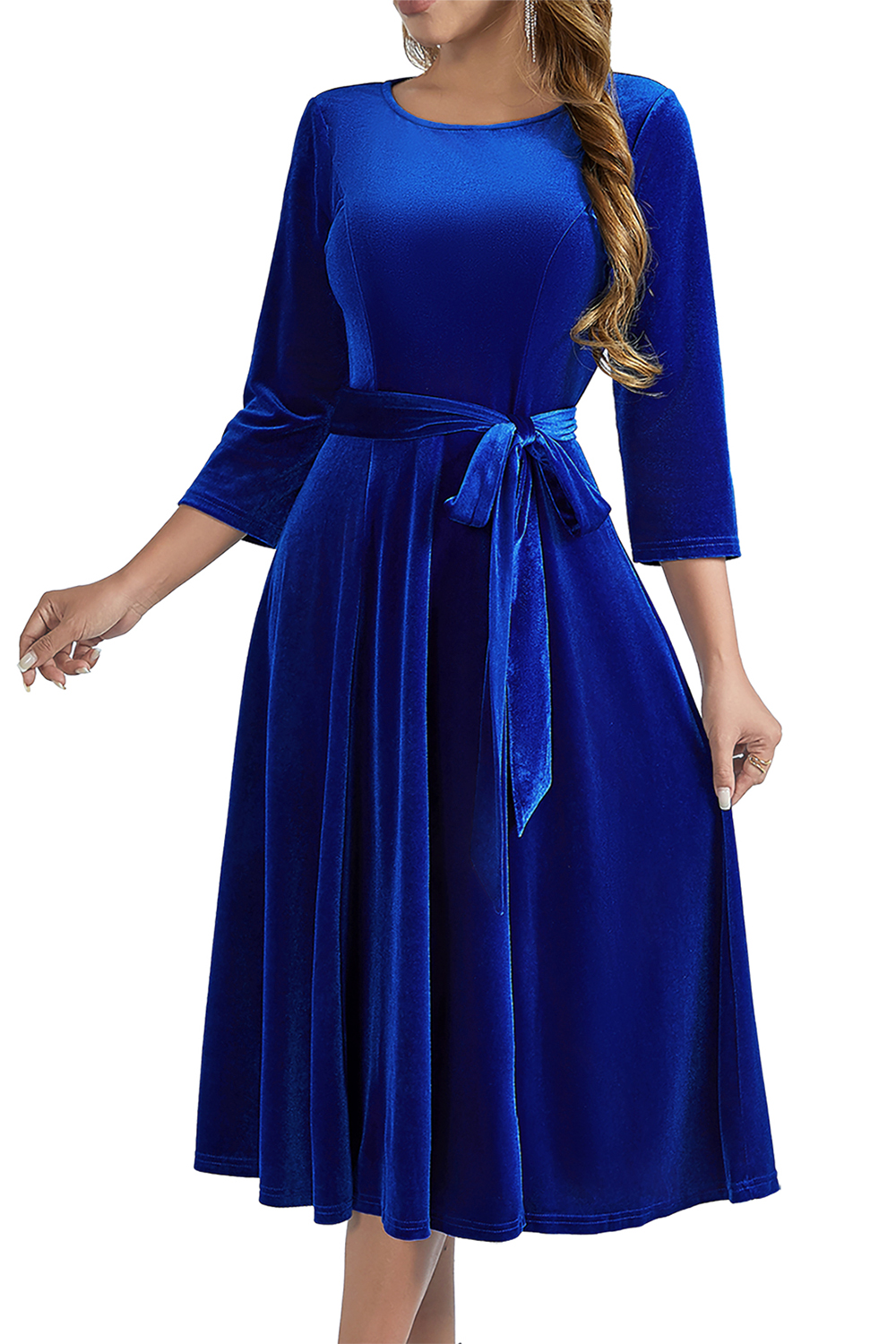 Elegant Round-Neck Velvet Bow-Tie Ruched 3/4 Sleeve Midi Dress