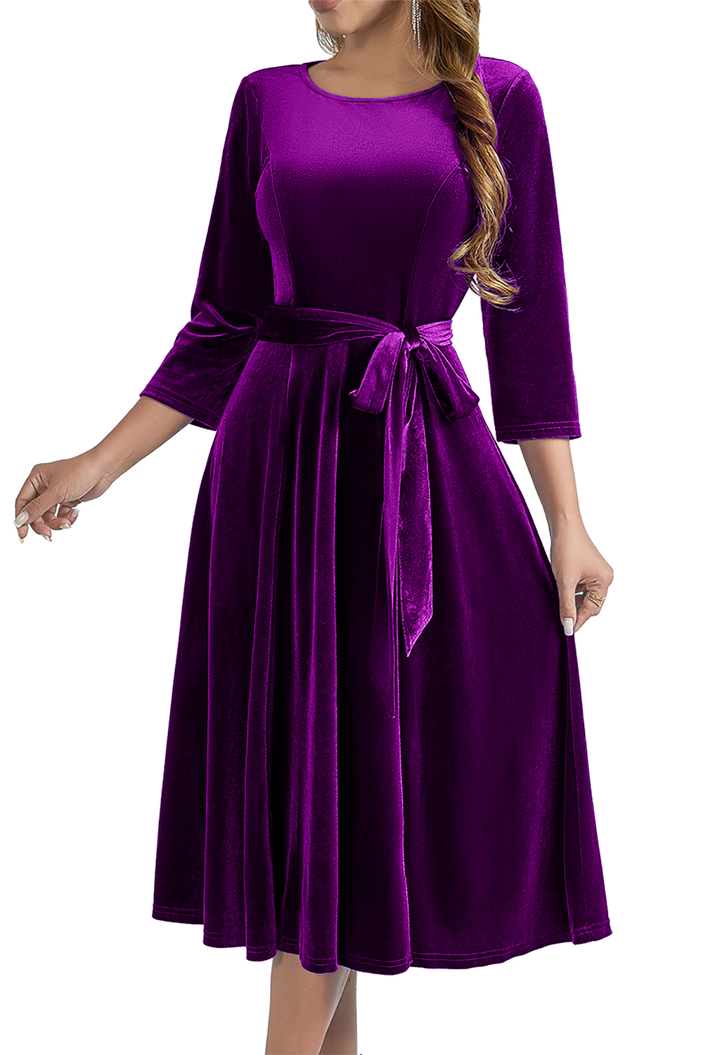 Elegant Round-Neck Velvet Bow-Tie Ruched 3/4 Sleeve Midi Dress