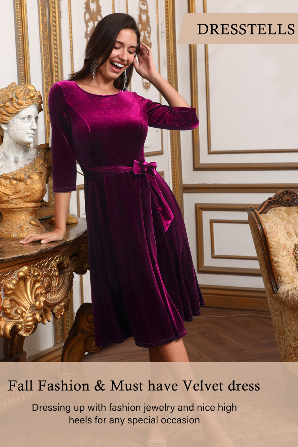 Elegant Round-Neck Velvet Bow-Tie Ruched 3/4 Sleeve Midi Dress