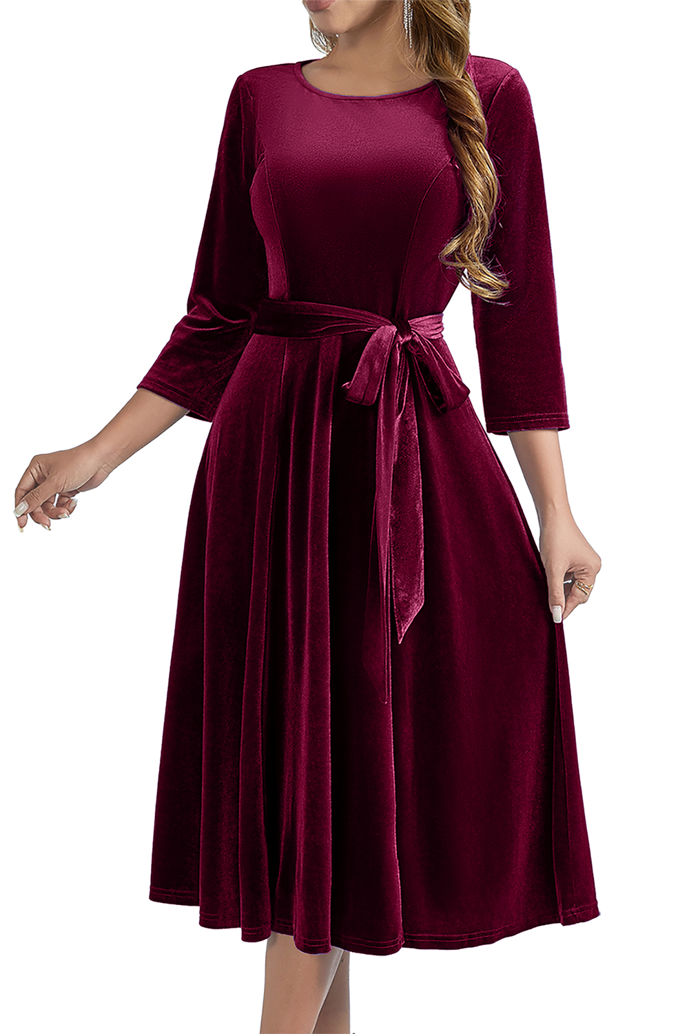 Elegant Round-Neck Velvet Bow-Tie Ruched 3/4 Sleeve Midi Dress
