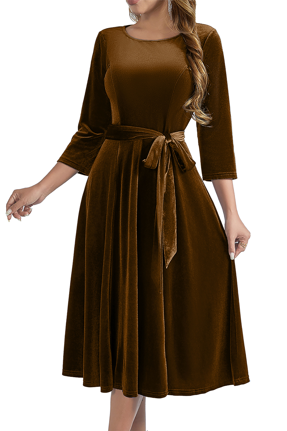 Elegant Round-Neck Velvet Bow-Tie Ruched 3/4 Sleeve Midi Dress