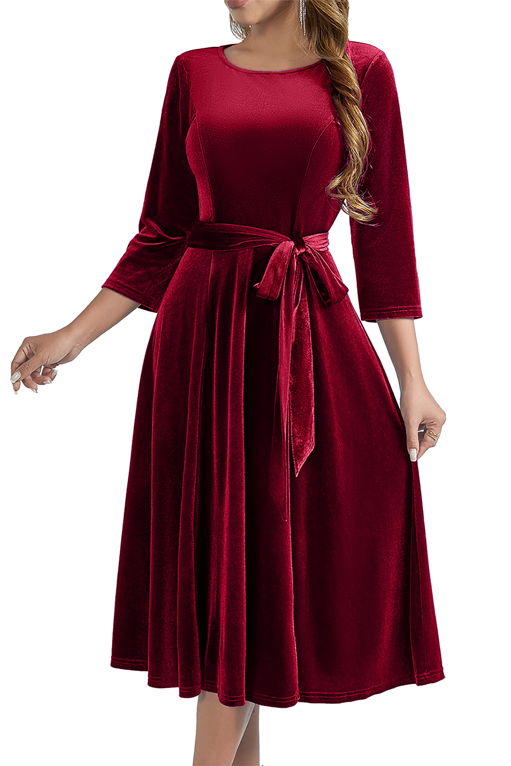 Elegant Round-Neck Velvet Bow-Tie Ruched 3/4 Sleeve Midi Dress