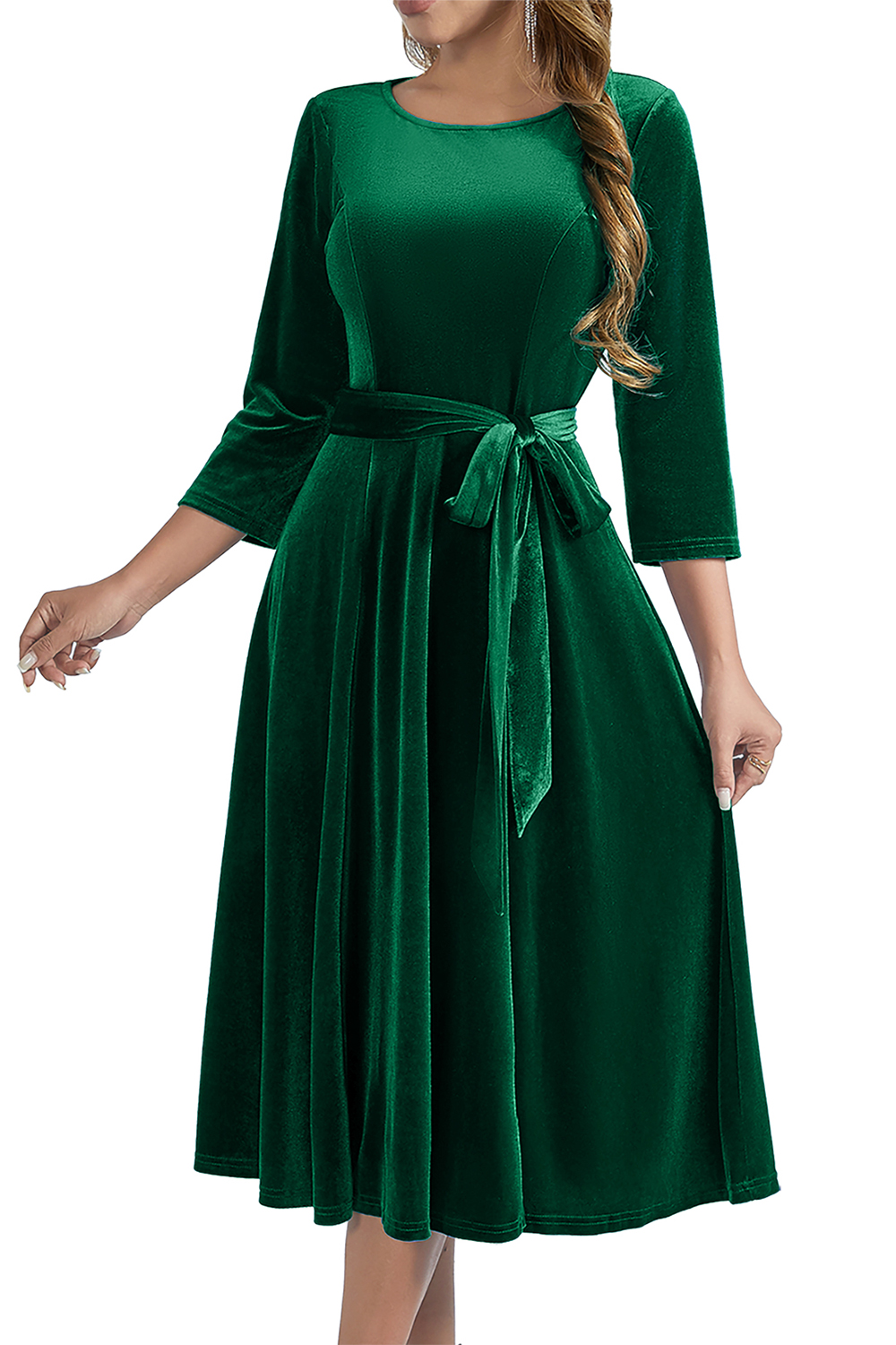 Elegant Round-Neck Velvet Bow-Tie Ruched 3/4 Sleeve Midi Dress