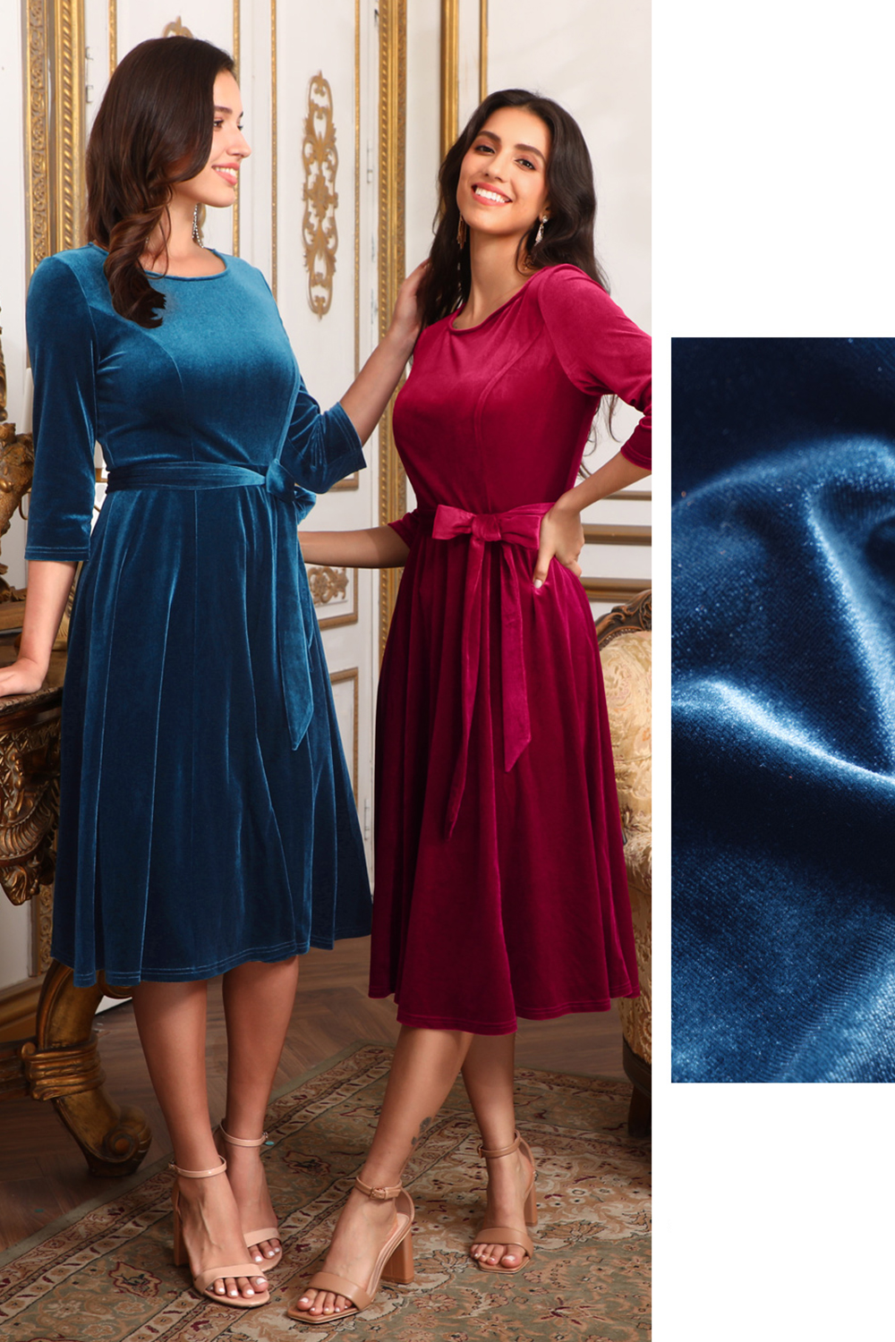 Elegant Round-Neck Velvet Bow-Tie Ruched 3/4 Sleeve Midi Dress