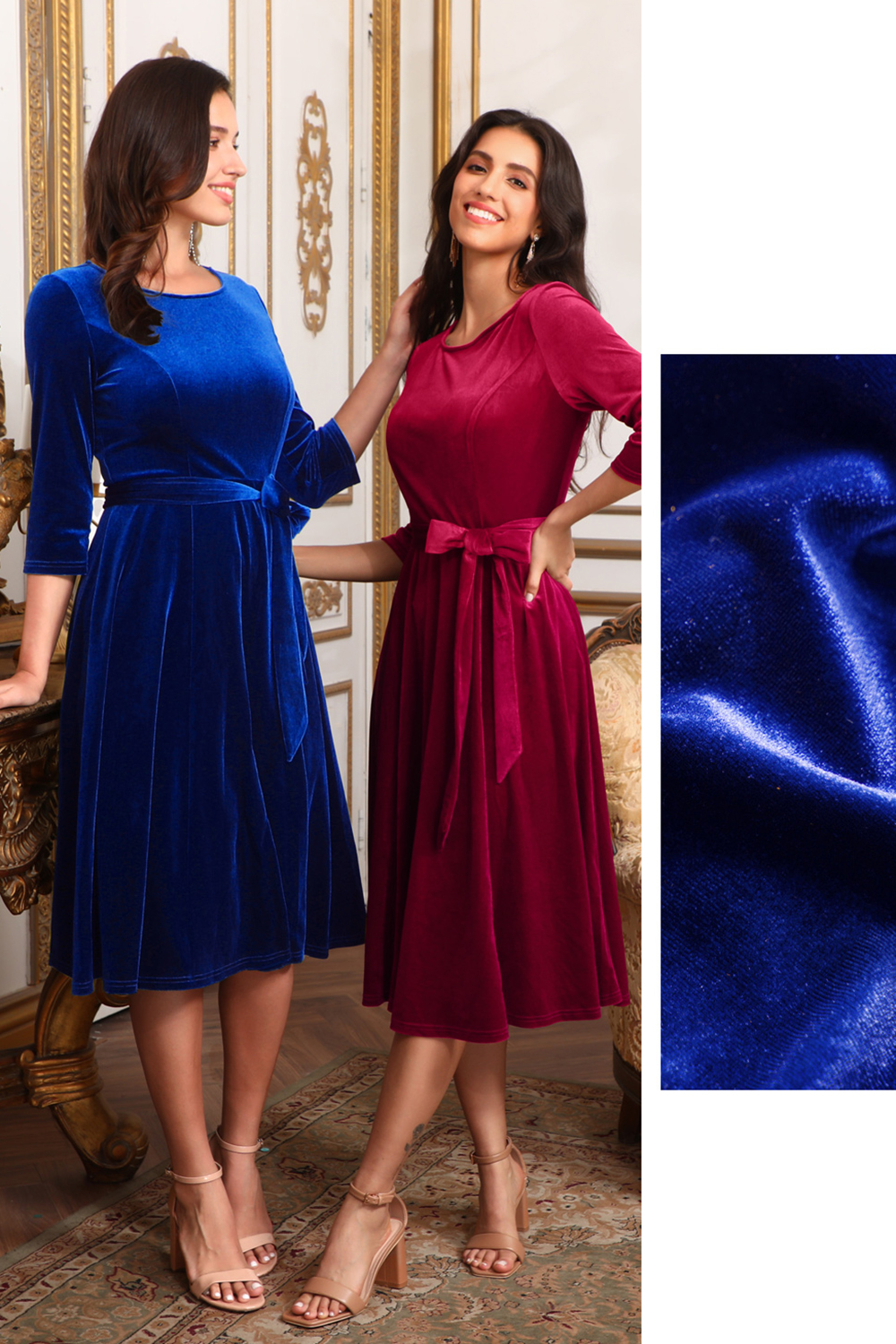 Elegant Round-Neck Velvet Bow-Tie Ruched 3/4 Sleeve Midi Dress