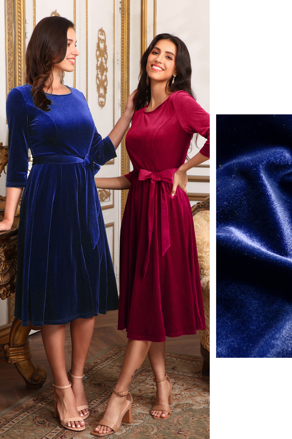 Elegant Round-Neck Velvet Bow-Tie Ruched 3/4 Sleeve Midi Dress